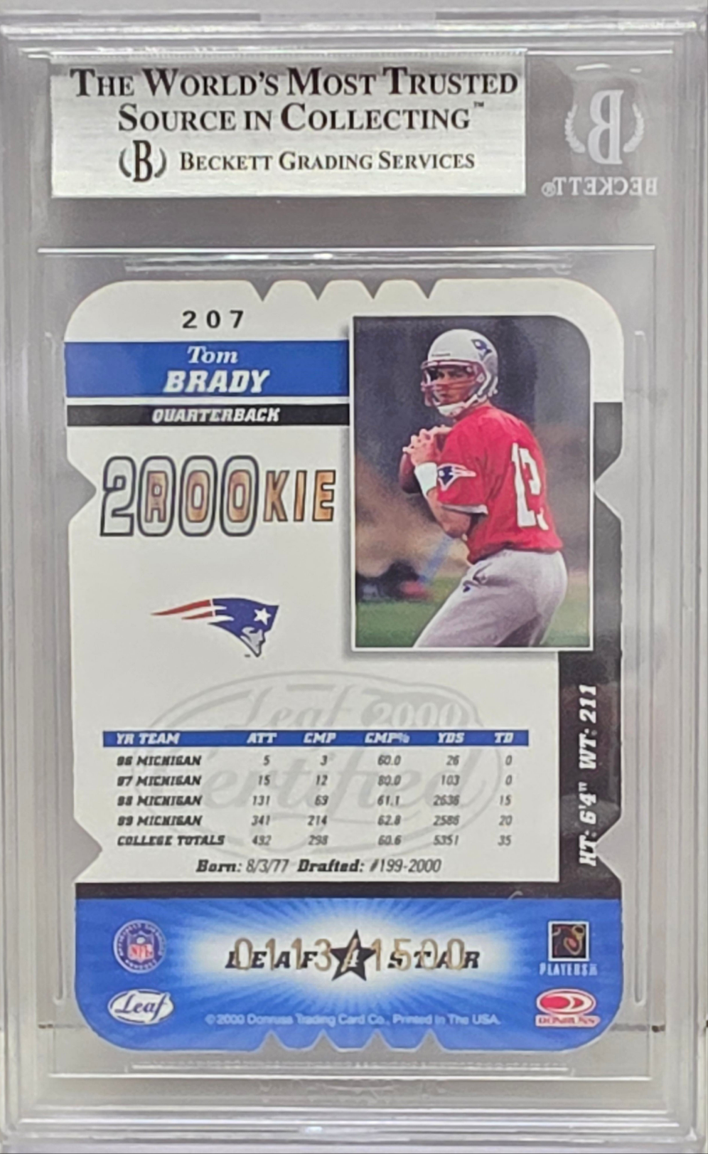 Tom Brady 2000 Leaf Certified Die-Cut Rookie #11/1500 BGS 8.5 Nm-Mint+