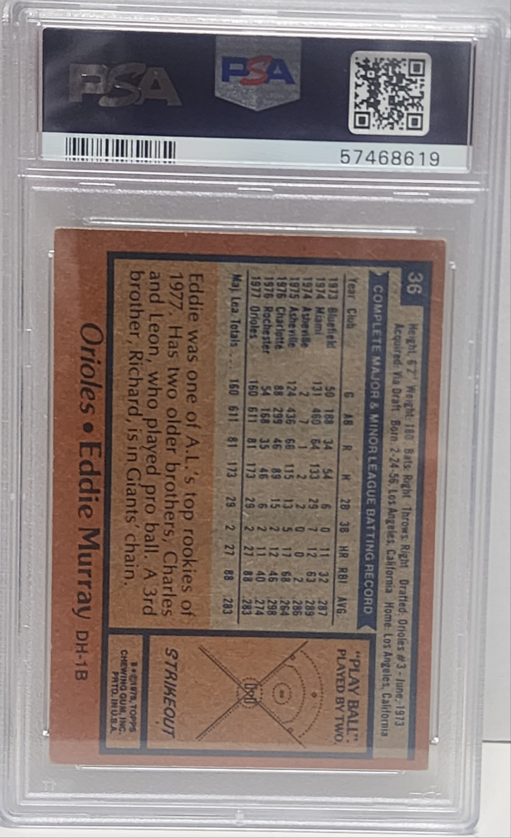 Eddie Murray 1978 Topps #36 Rookie Autograph PSA Auth