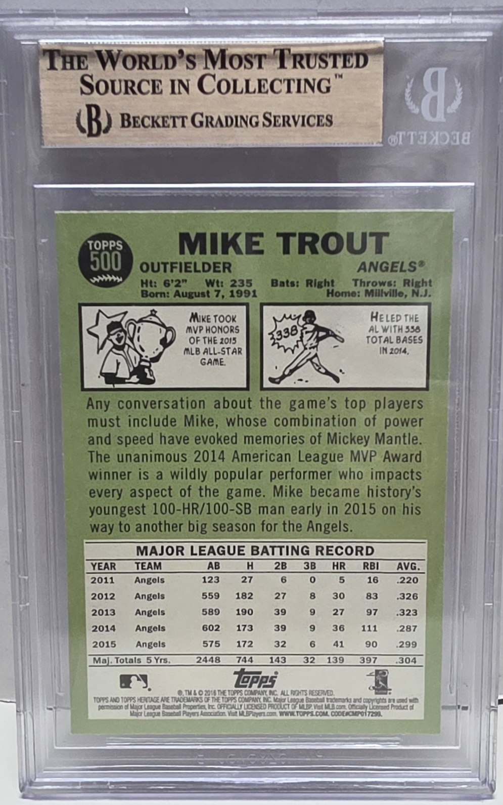 Mike Trout 2016 Topps Heritage Action SP #500 BGS 9.5 Gem Mint