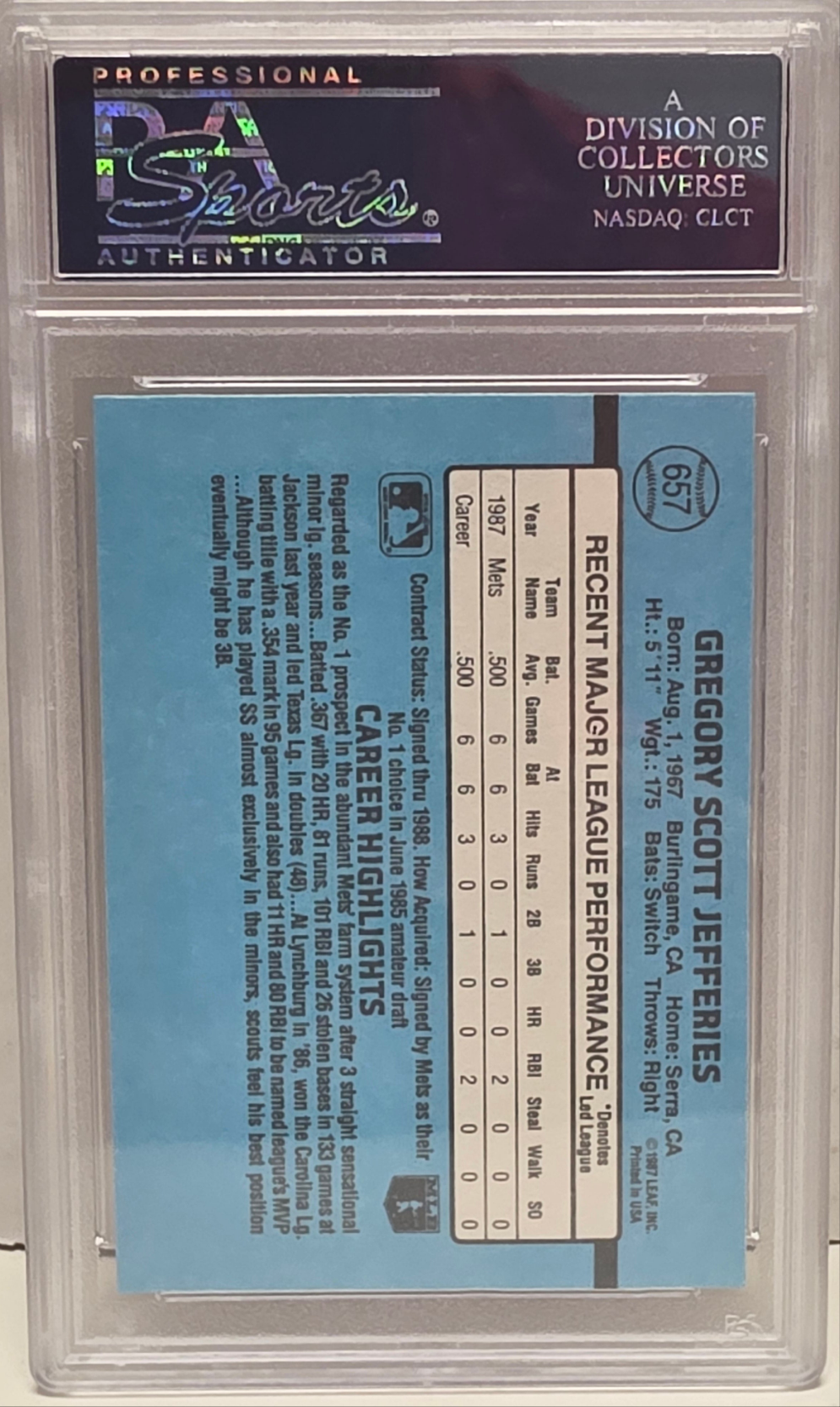 Gregg Jefferies 1988 Donruss #657 PSA 10 Gem Mint