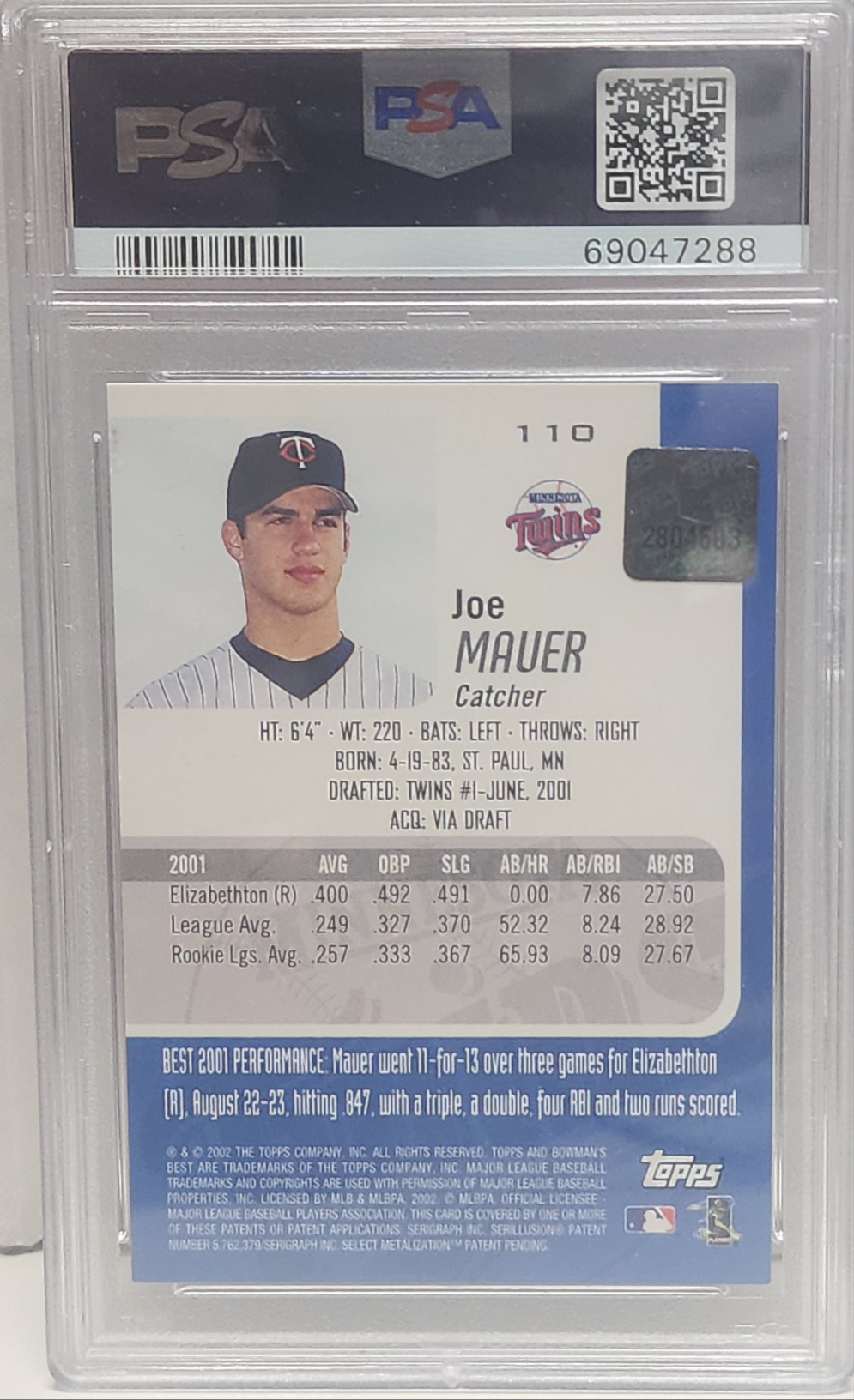 Joe Mauer 2002 Bowmans Best Rookie Auto PSA 8 Nm-Mint