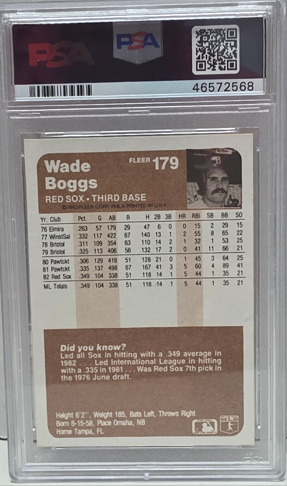 Wade Boggs 1983 Fleer Rookie #179 PSA 10 Gem Mint