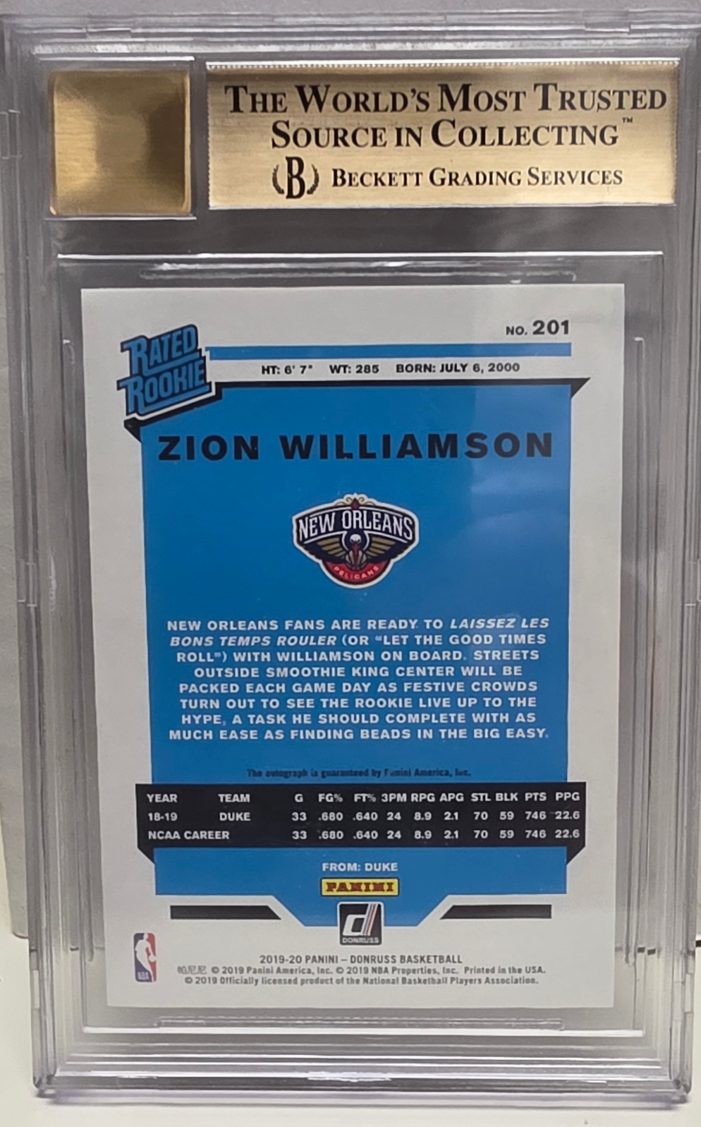 Zion Williamson 2019 Donruss Green Yellow Laser Press Proof Auto BGS 9.5 Gem Mint Auto 10