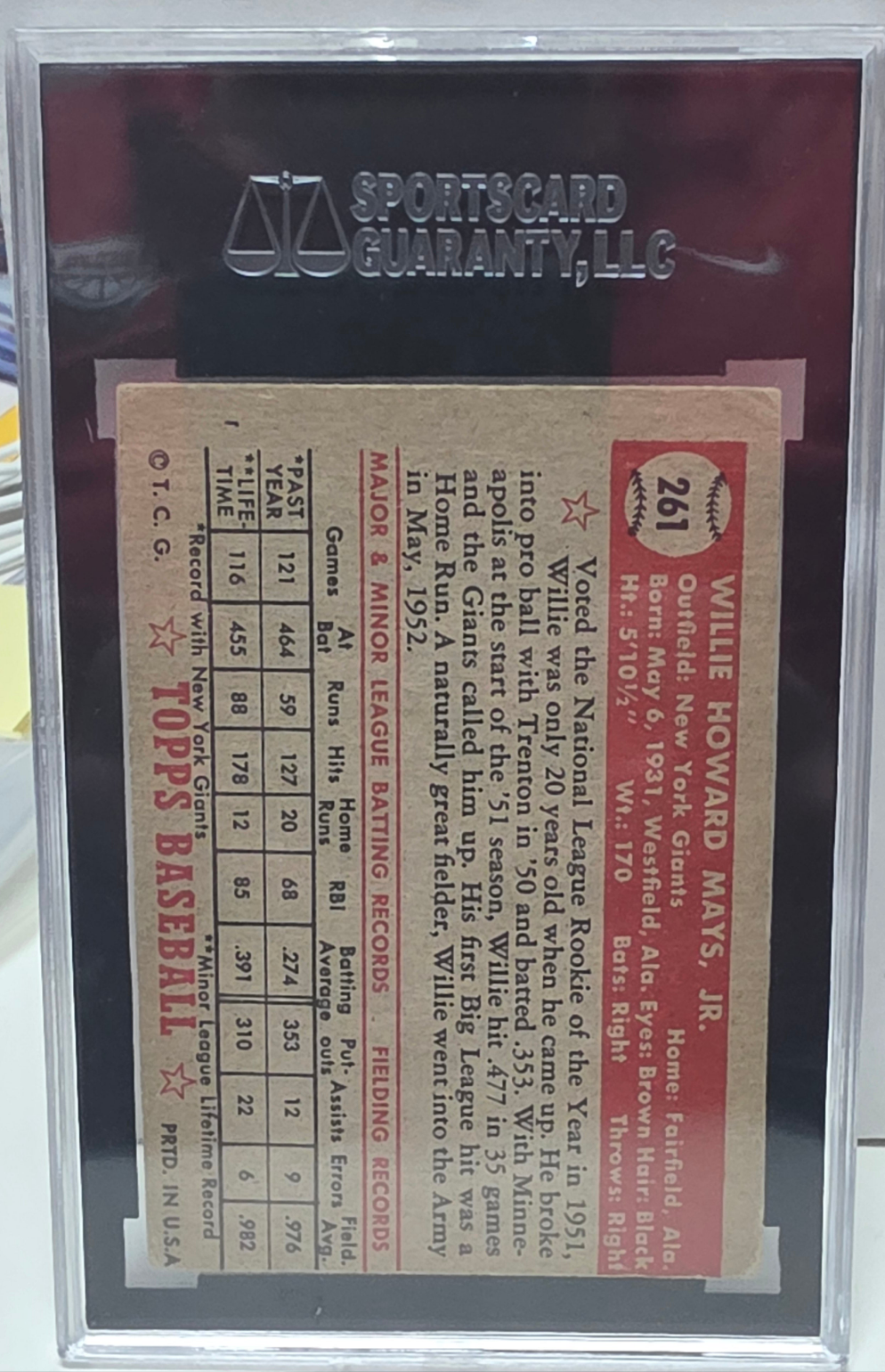 Willie Mays 1952 Topps #261 SGC 2.5 Good+
