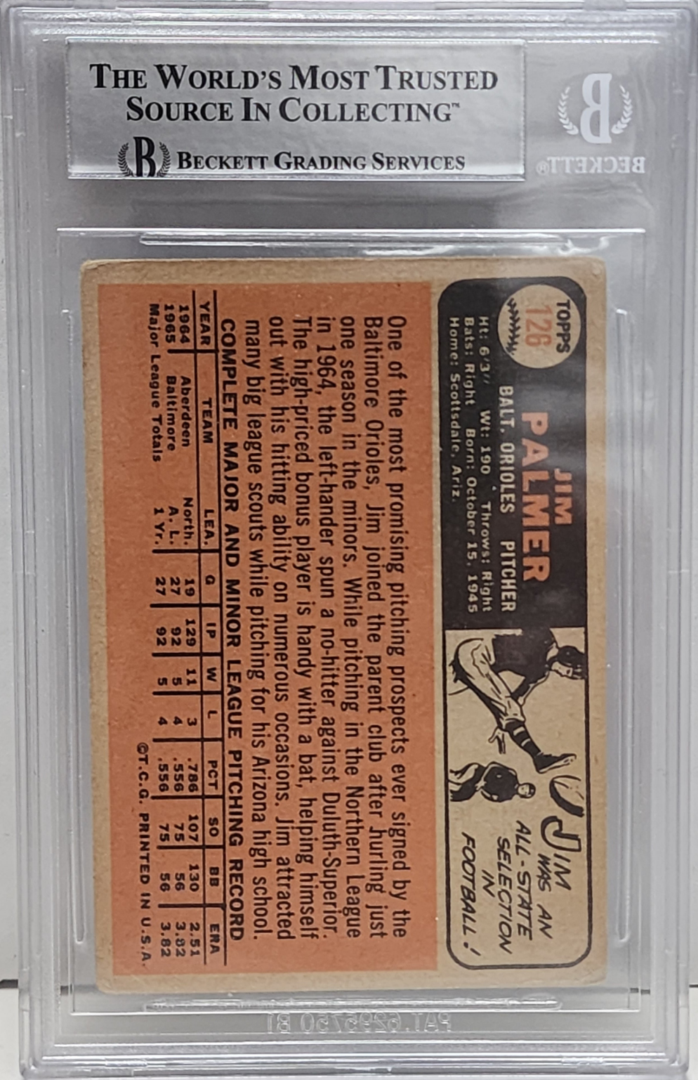 Jim Palmer 1966 Topps #126 Rookie Autograph BGS Auth 5515