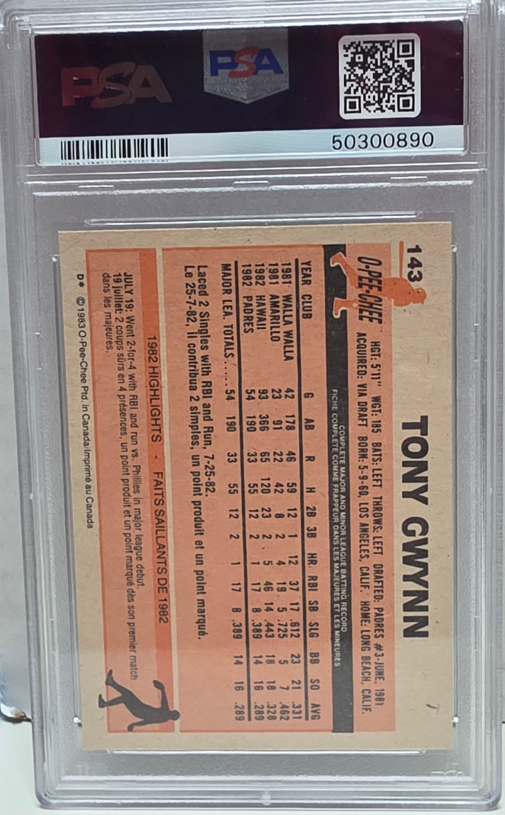 Tony Gwynn 1983 O-Pee-Chee Rookie #143 PSA 8 Nm-Mint