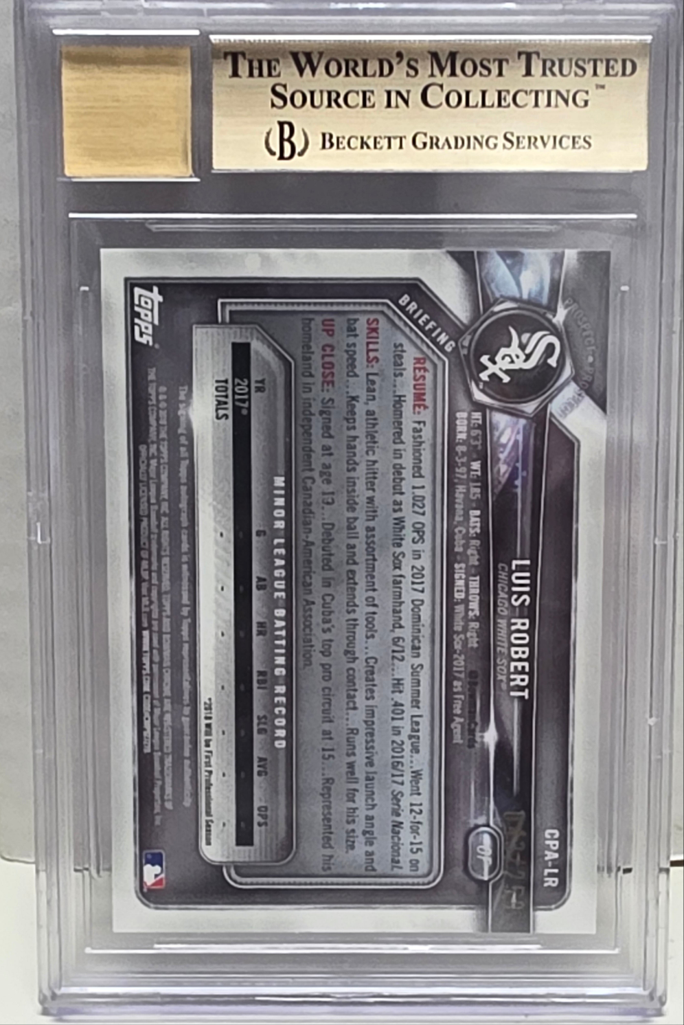 Luis Robert 2018 Bowman Chrome Purple Refractor Auto #43/250 BGS 10 Pristine Auto 10