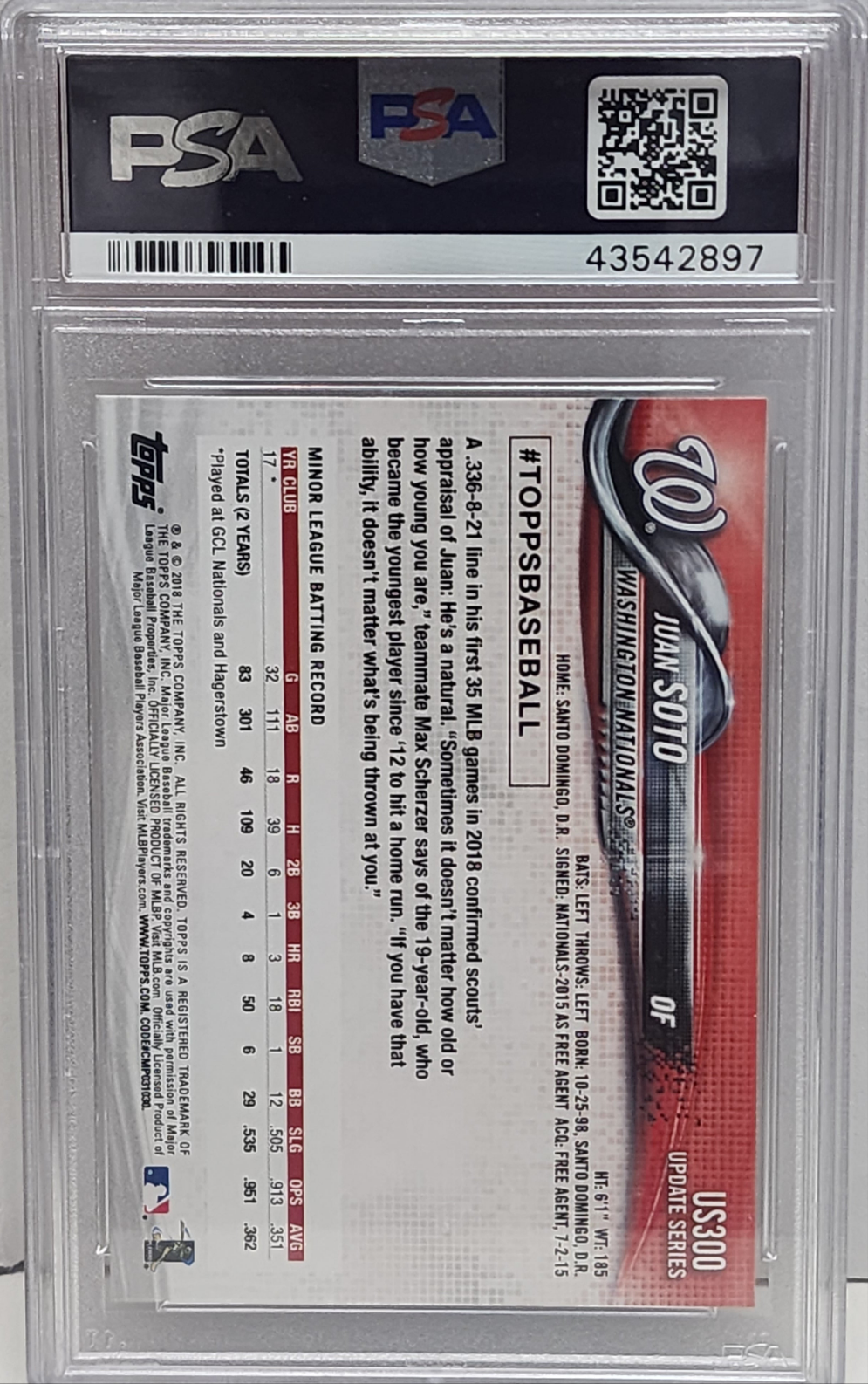 Juan Soto 2018 Topps Update #US300 Hands on Hips SP PSA 9 Mint