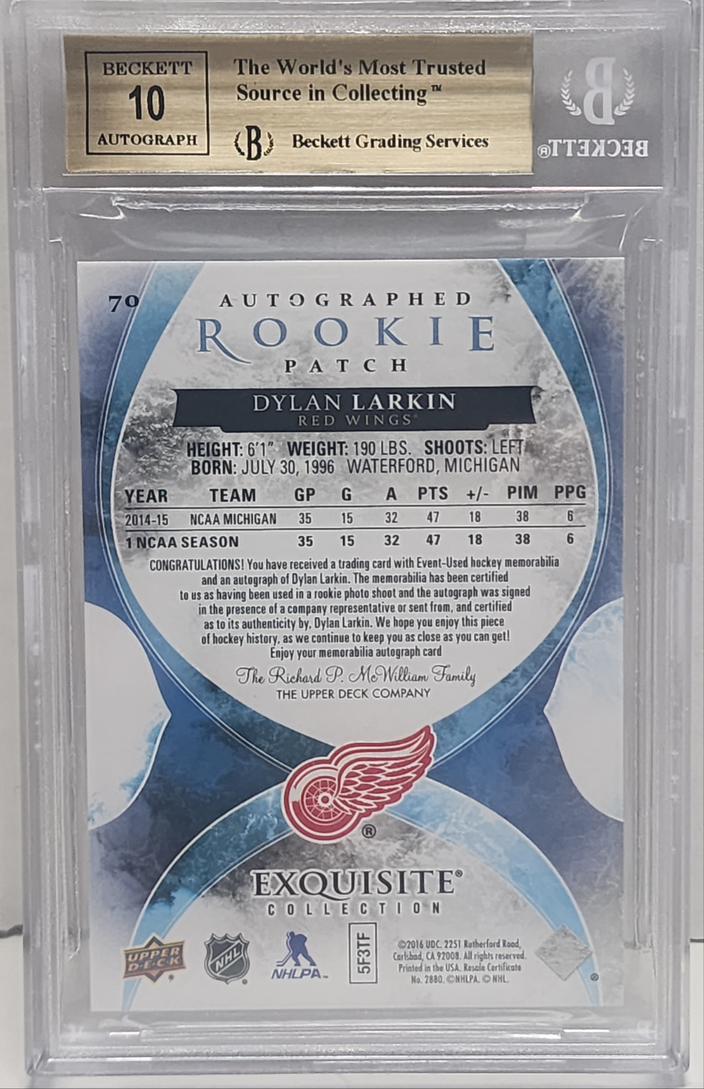 Dylan Larkin 2015 Upper Deck Exquisite Rookie Patch Auto #67/71 BGS 9.5 Auto 10