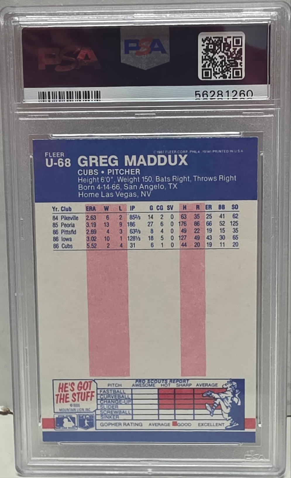 Greg Maddux 1987 Fleer Update Rookie #U68 PSA 10 Gem Mint