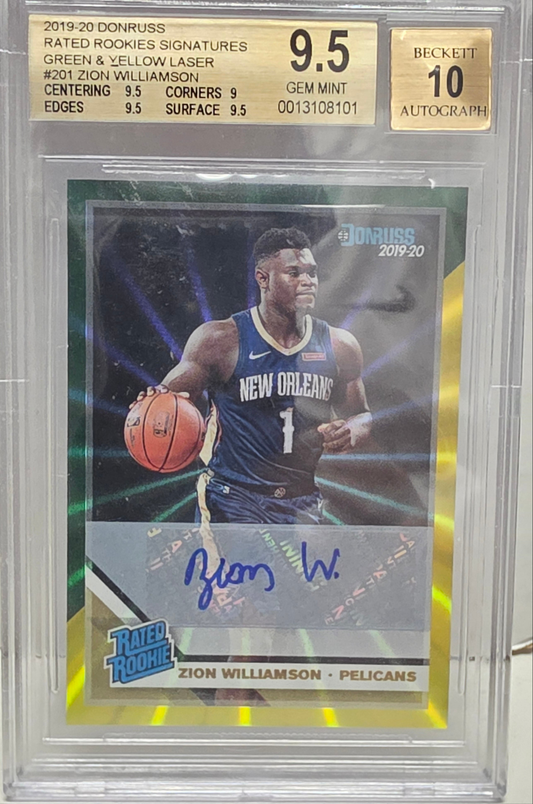 Zion Williamson 2019 Donruss Green Yellow Laser Press Proof Auto BGS 9.5 Gem Mint Auto 10