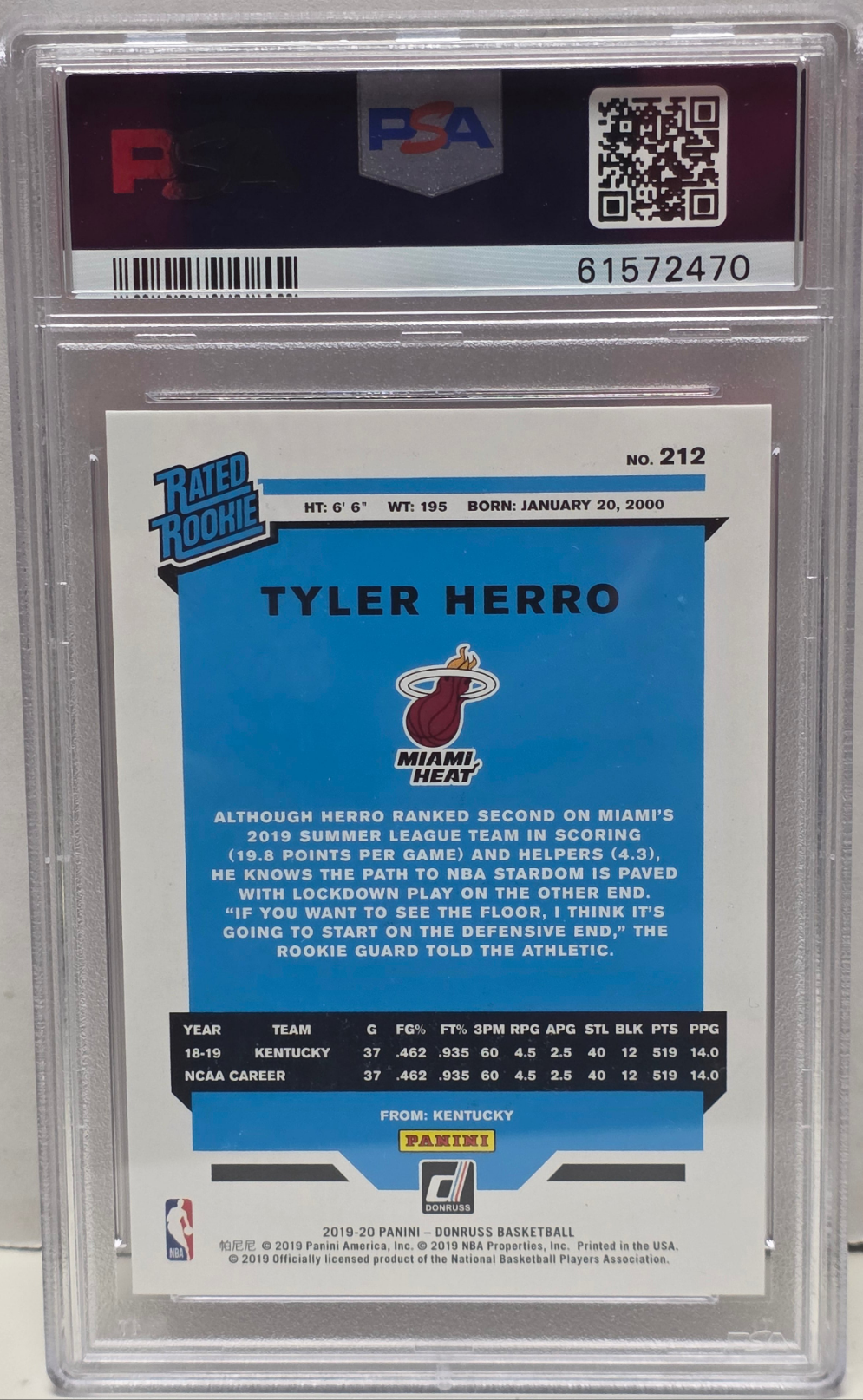 Tyler Herro 2019 Donruss Rookie #212 Pink Laser #42/50 PSA 10 Gem Mint
