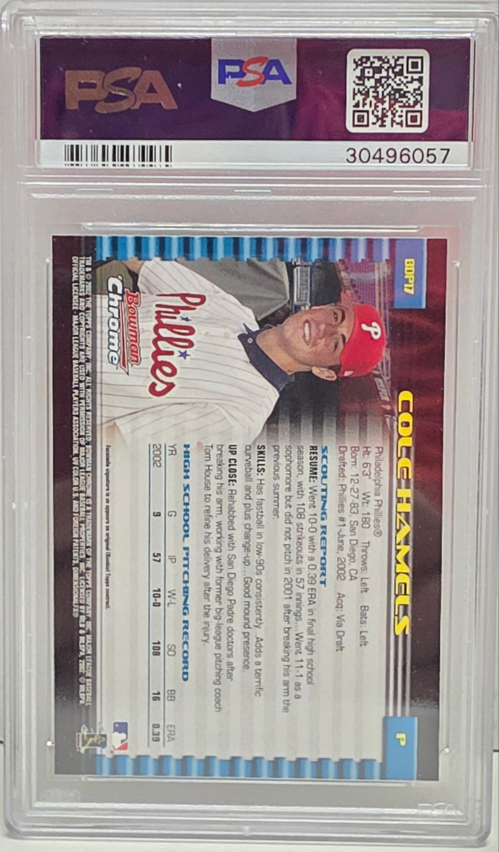 Cole Hamels 2002 Bowman Chrome Draft Rookie #17 PSA 10 Gem Mint