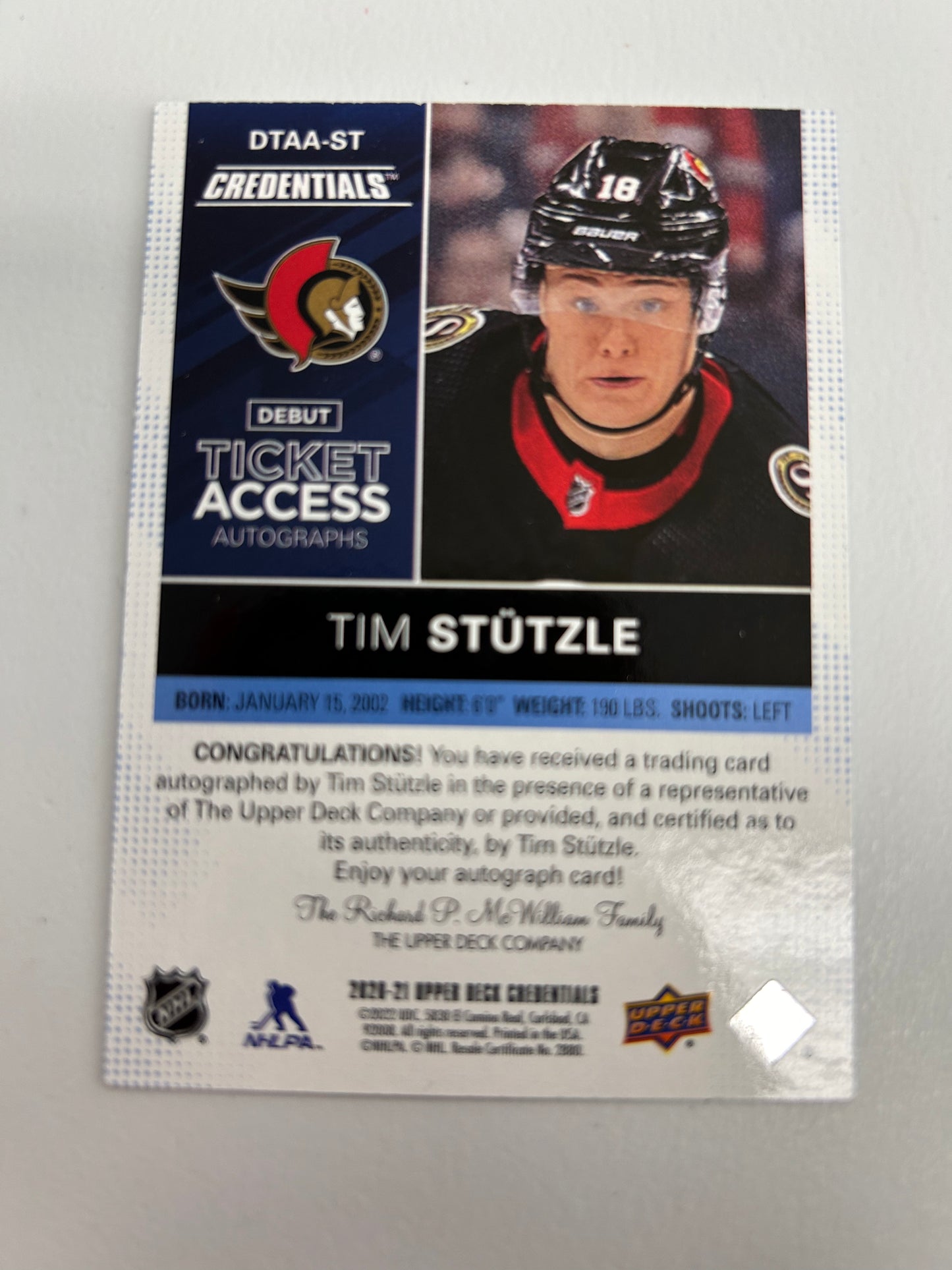 Tim Stutzle 2020 Upper Deck Credentials Debut Ticket Blue Auto #5/10