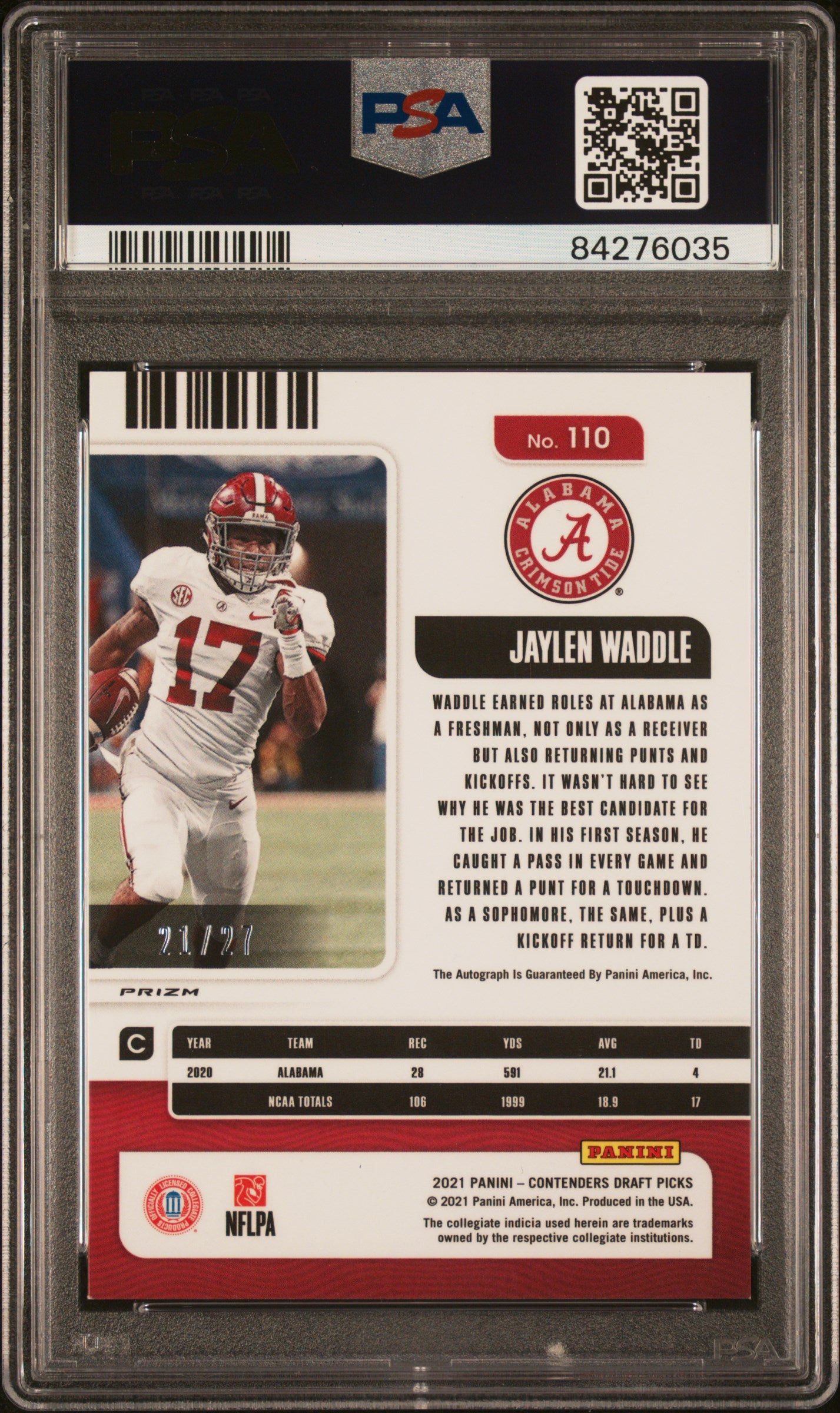 Jaylen Waddle 2021 Contender Draft Blue Shimmer Auto #21/27 PSA 9 Auto 10
