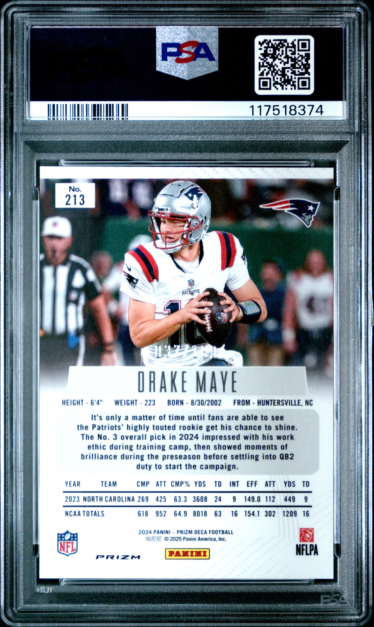 Drake Maye 2024 Panini Prizm Deca Rookie #213 Red Prizm #37/199 PSA 10 Gem Mint