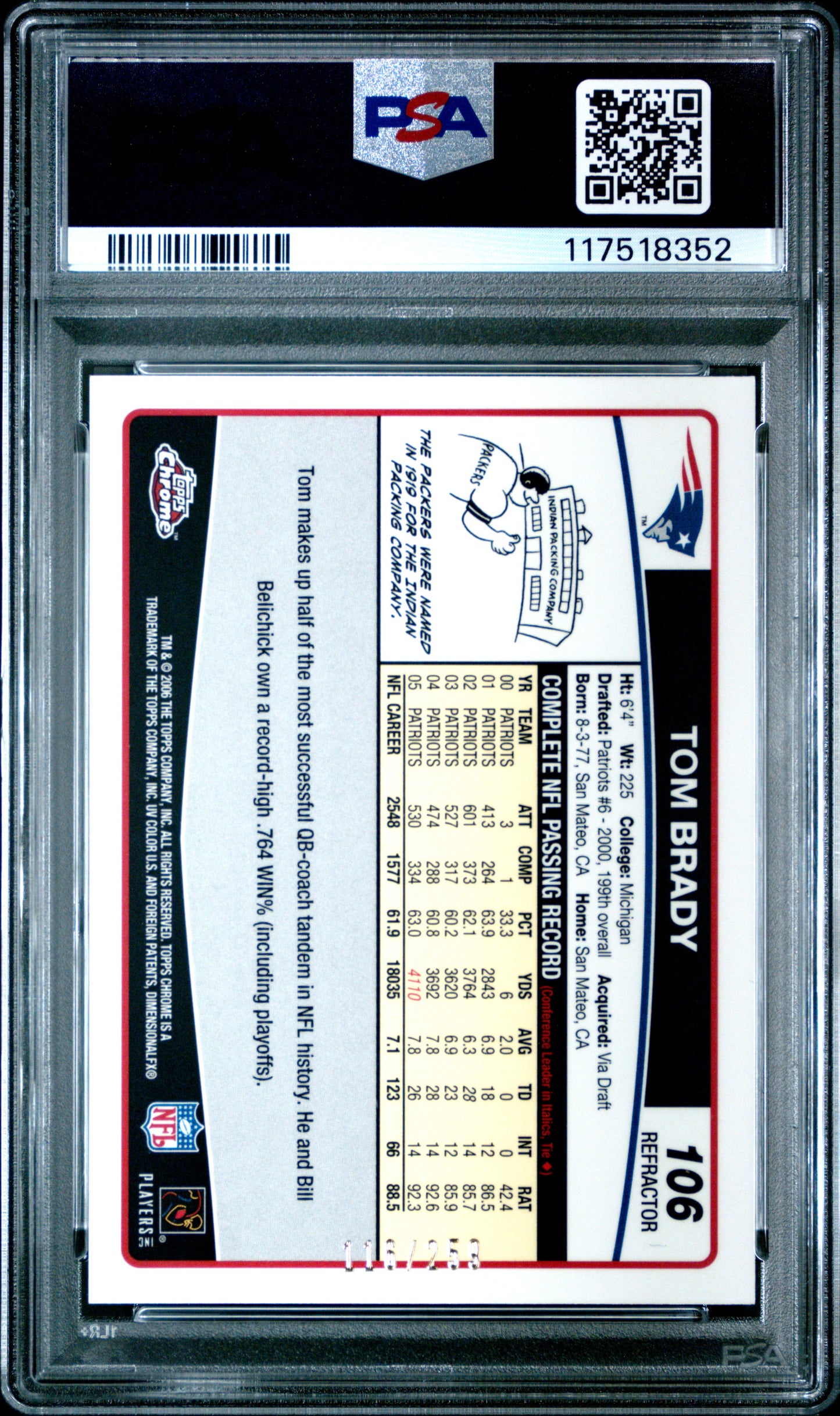 Tom Brady 2006 Topps Chrome #106 Red Refractor #116/259 PSA 9 Mint