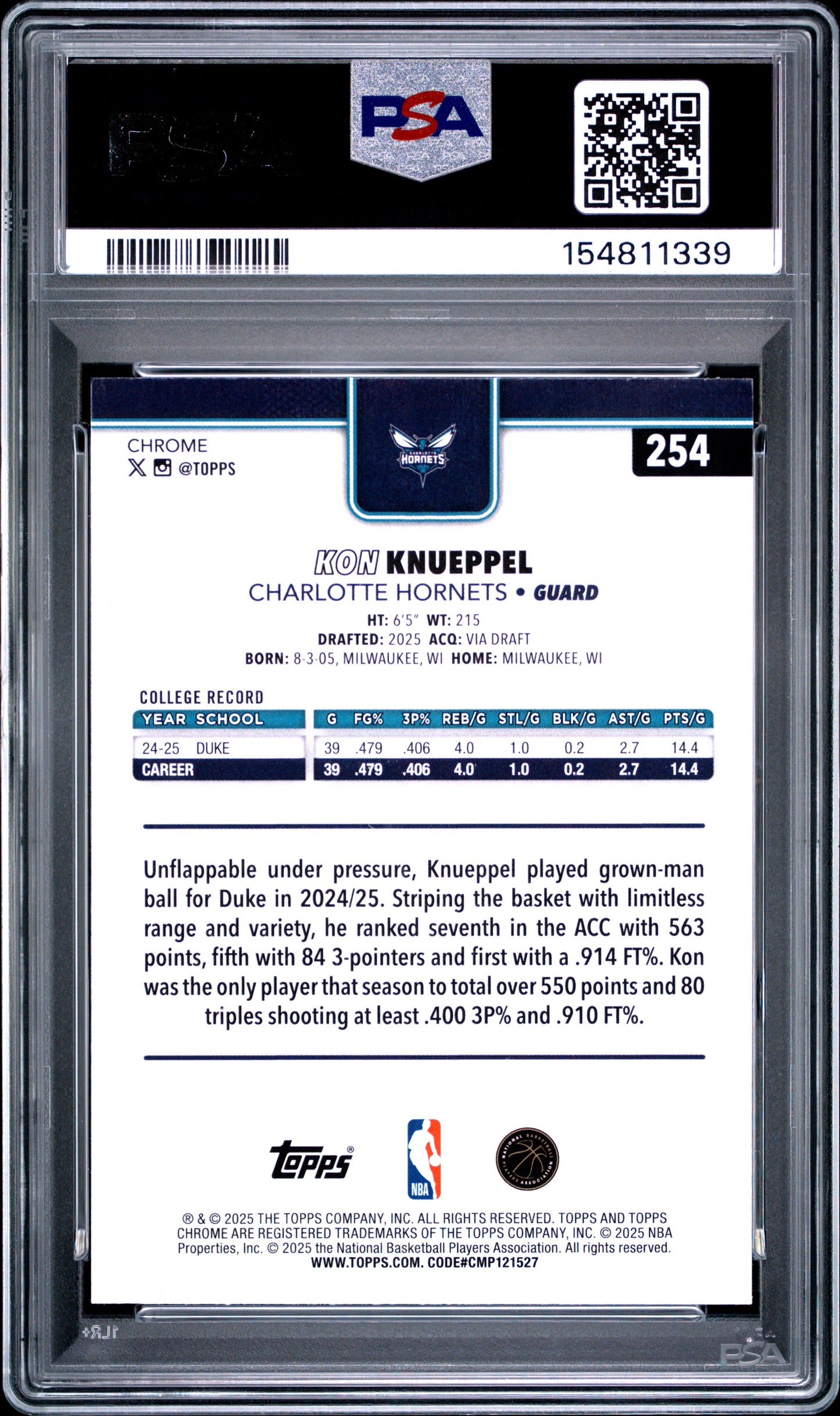 Kon Knueppel 2025 Topps Chrome X-Fractor Rookie #254 PSA 9 Mint 1339