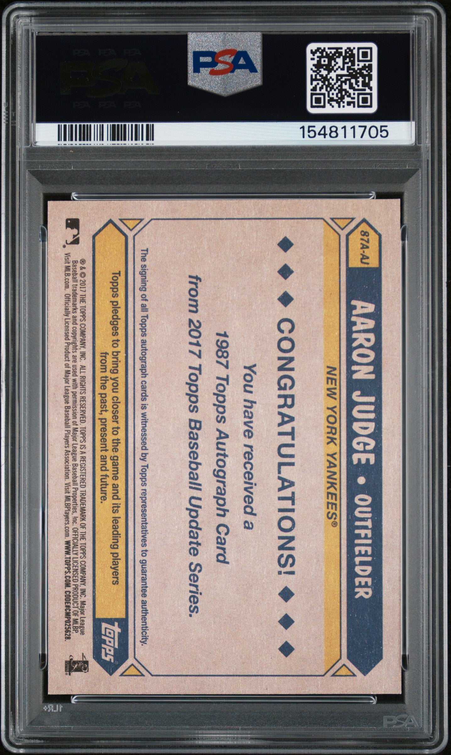 Aaron Judge 2017 Topps Update 1987 Topps Rookie Auto PSA 10 Auto 10