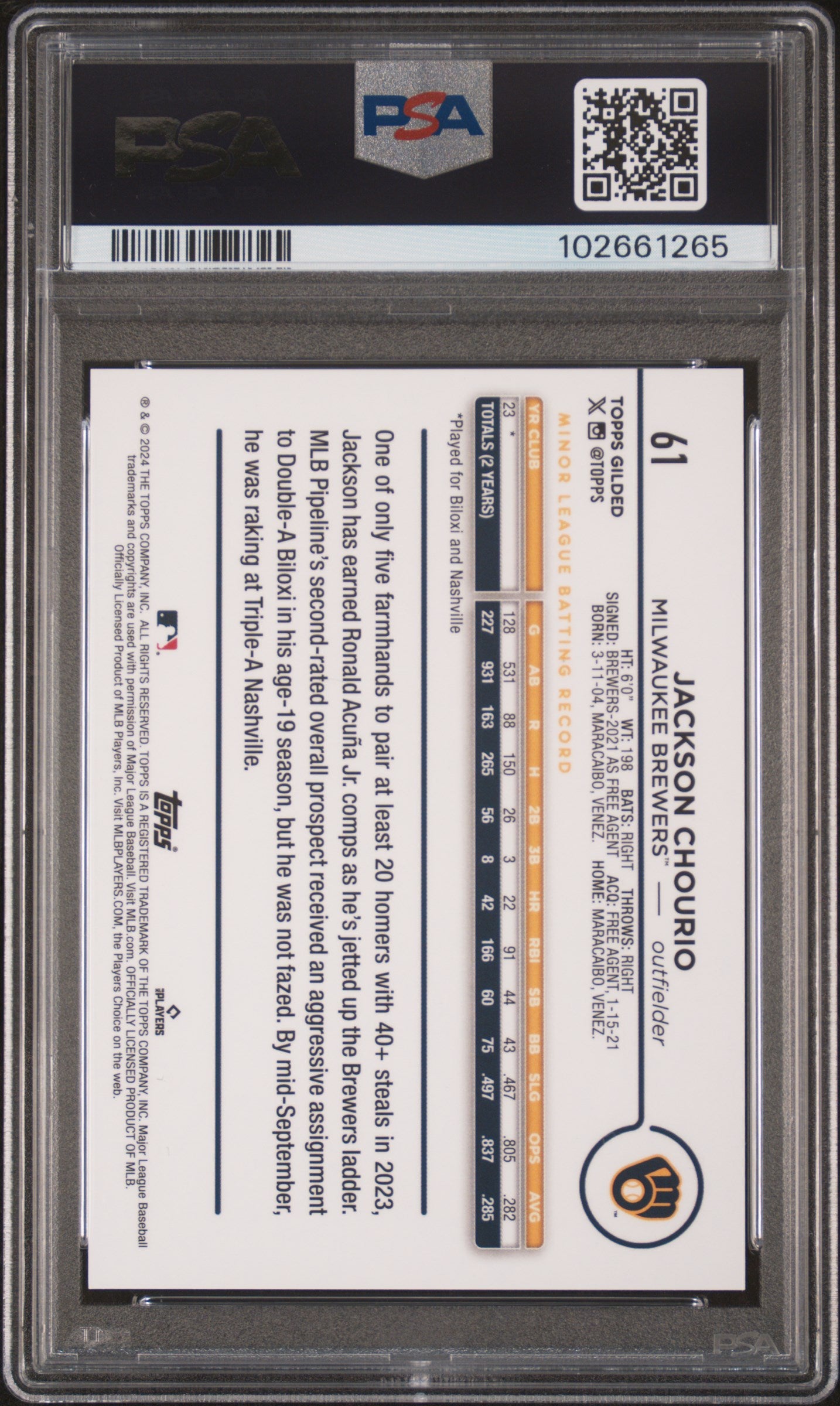 Jackson Chourio 2024 Topps Gilded Collection #61/99 PSA 9 Mint