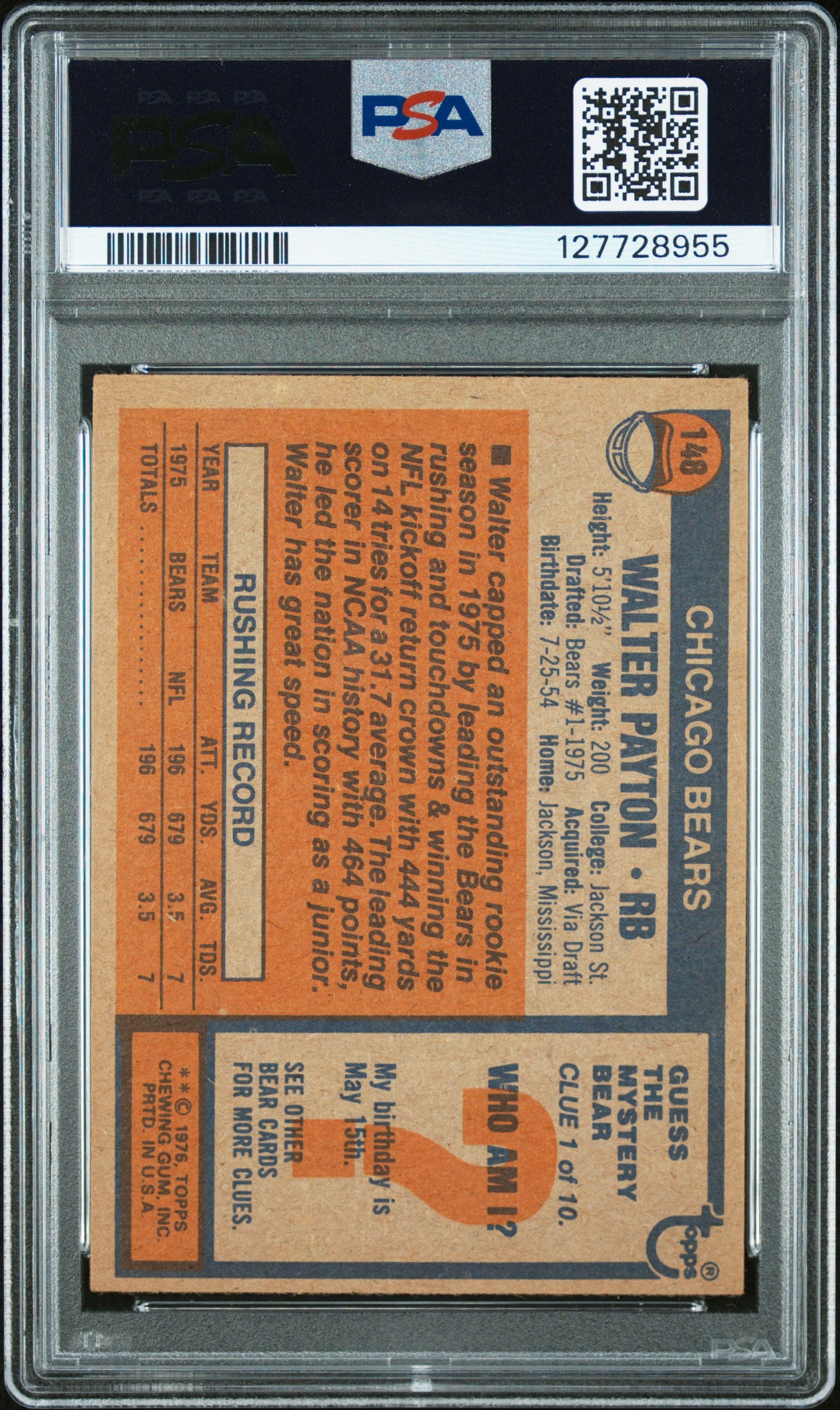 Walter Payton 1976 Topps Rookie #148 PSA Authentic Altered