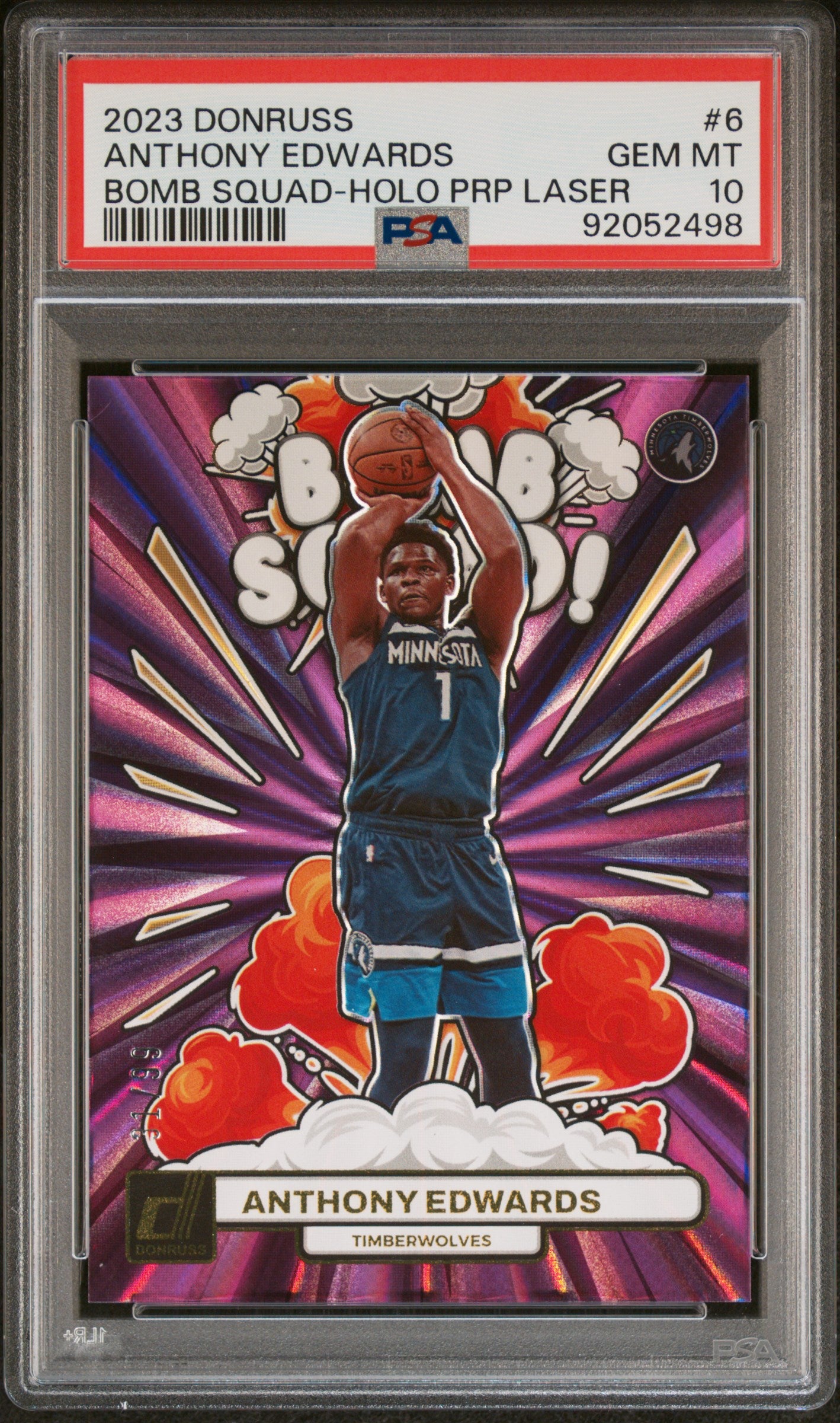Anthony Edwards 2023 Donruss Bomb Squad Purple Laser #31/99 PSA 10 Gem Mint
