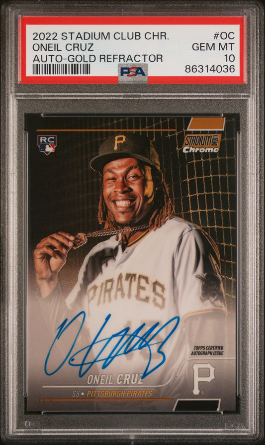 O'Neill Cruz 2022 Topps Stadium Club Chrome Gold Refractor Auto #7/50 PSA 10 Gem Mint