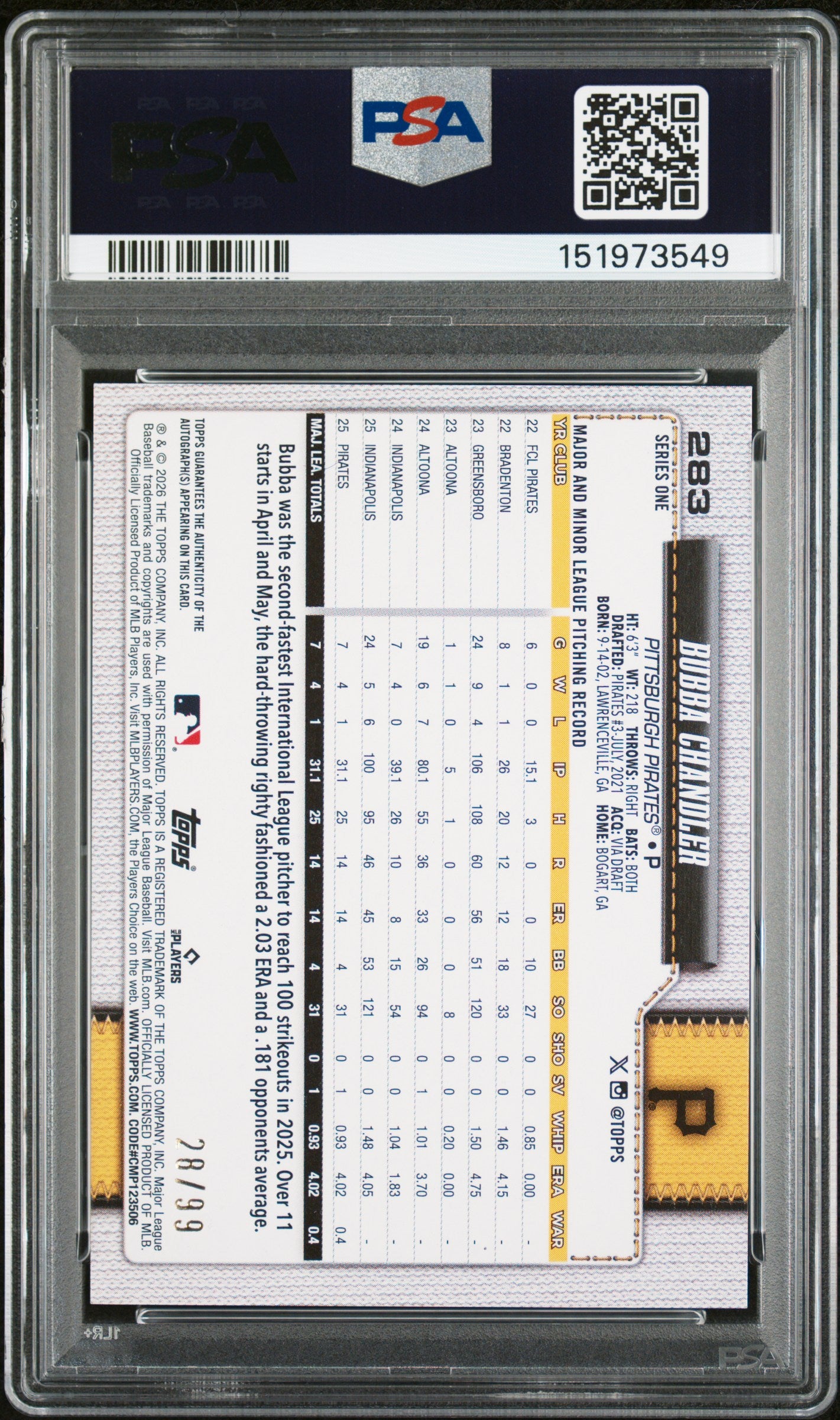 Bubba Chandler 2026 Topps Green Foil Rookie Auto #28/99 PSA 10 Gem Mint