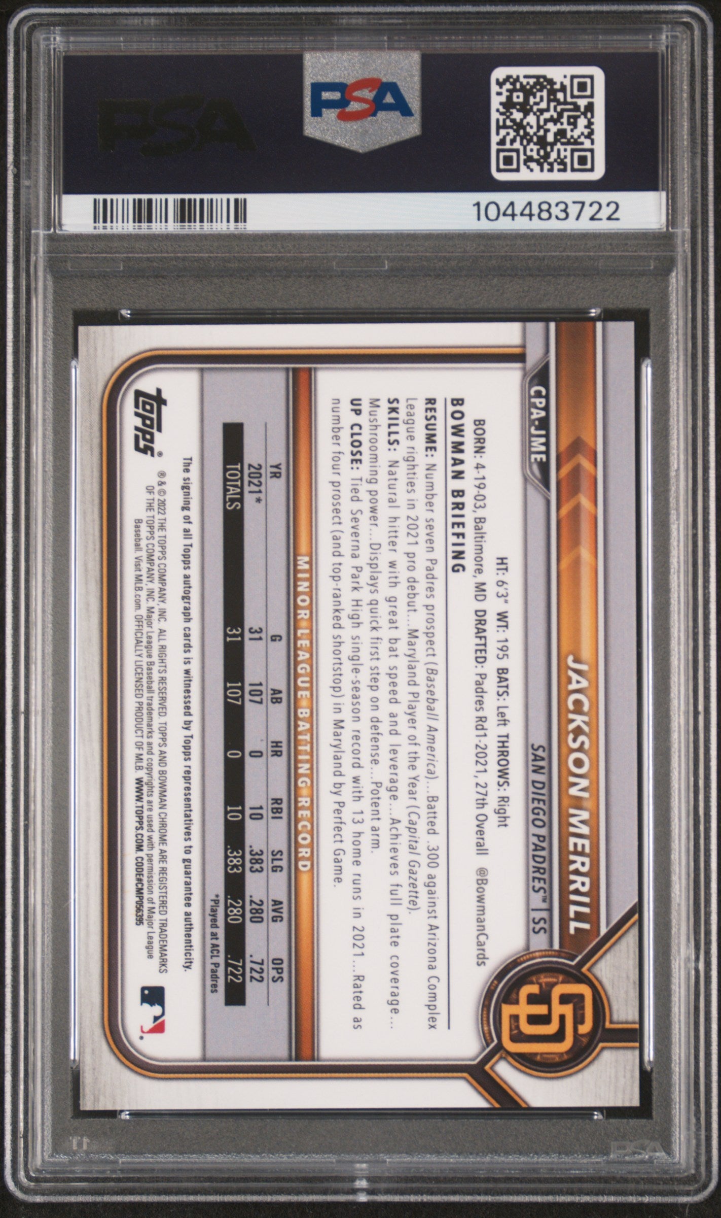 Jackson Merrill 2022 Bowman Chrome Speckle Refractor Auto #77/299 PSA 9 Auto 10