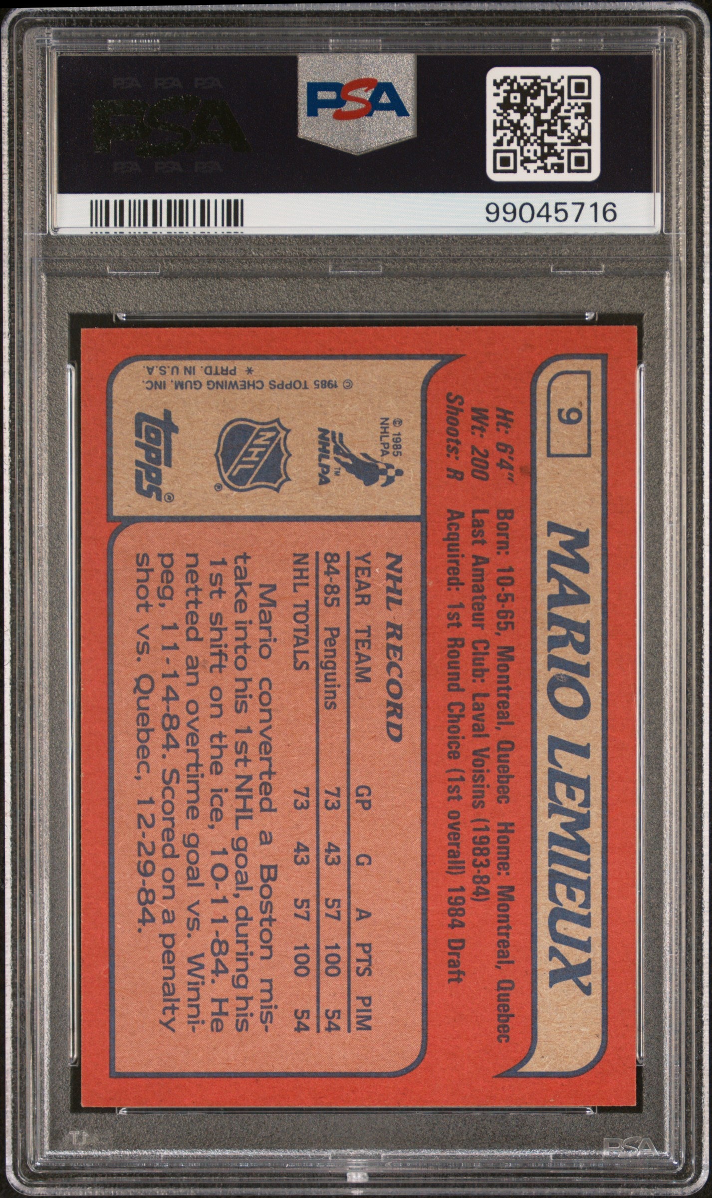 Mario Lemieux 1985 Topps Rookie #9 PSA 9 Mint 5716