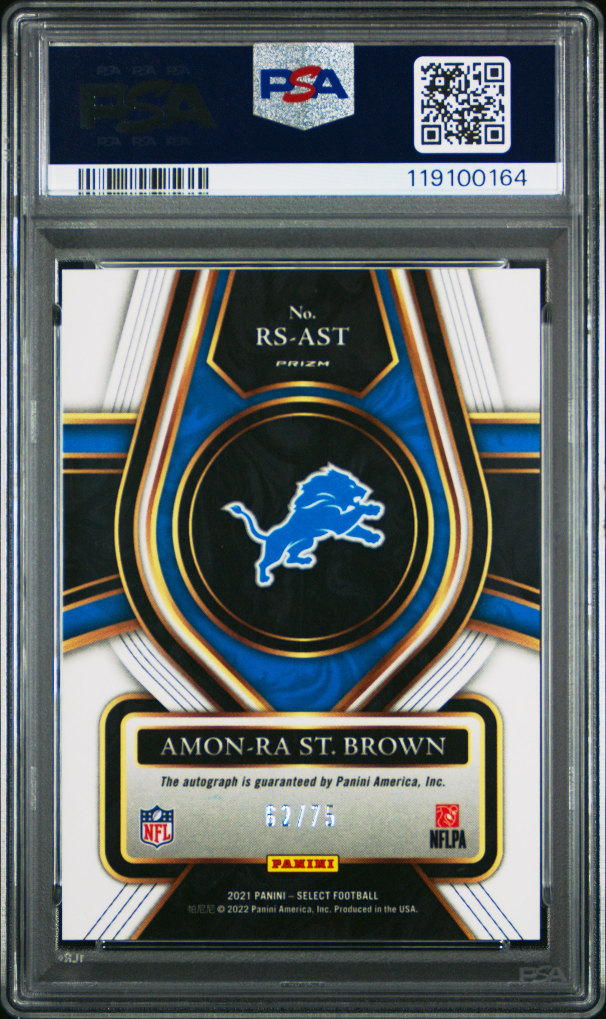 Amon-Ra St. Brown 2021 Panini Select Blue Prizm Rookie Auto #62/75 PSA 10 Gem Mint