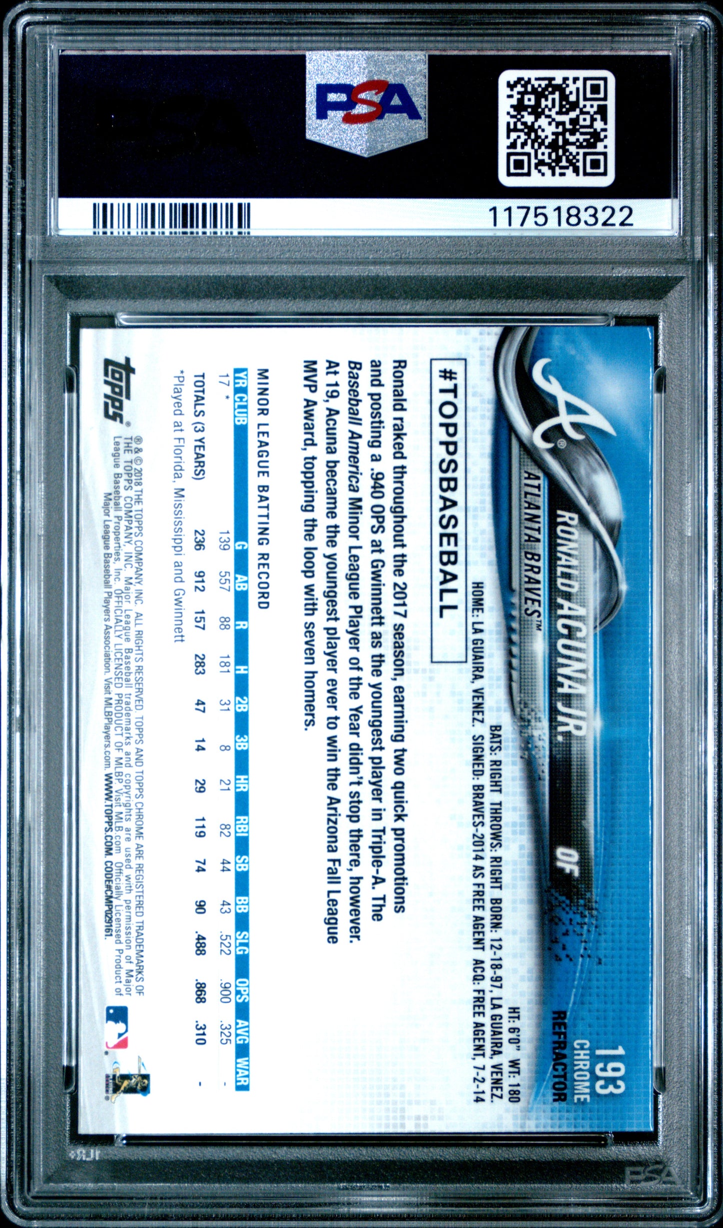 Ronald Acuna Jr. 2018 Topps Chrome Rookie #193 Refractor PSA 10 Gem Mint