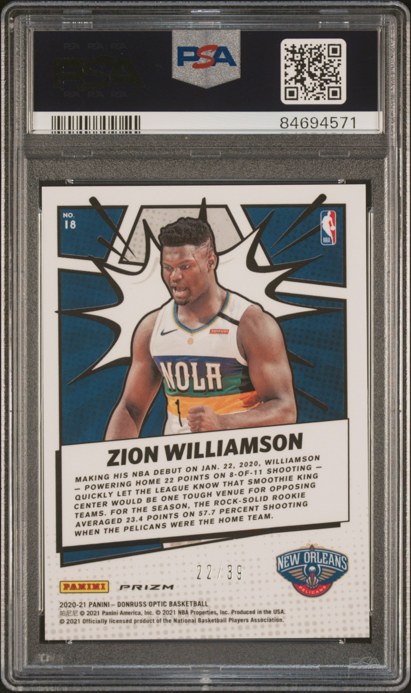 Zion Williamson 2020 Donruss Optic My House! Orange #22/39 PSA 10 Gem Mint