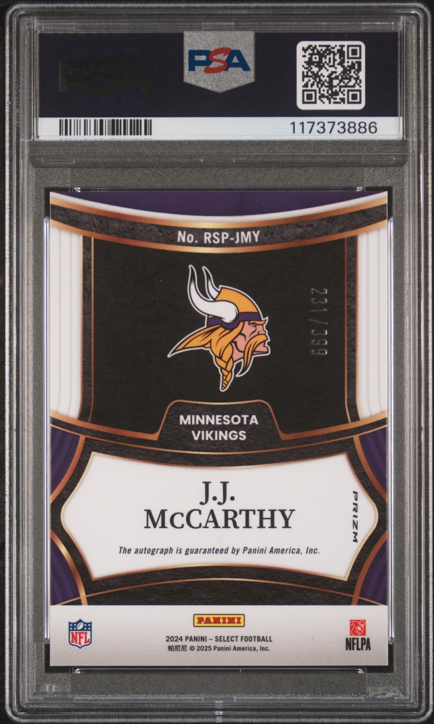 J.J. McCarthy 2024 Panini Select Rookie Signature Auto #231/399 PSA 10 Gem Mint