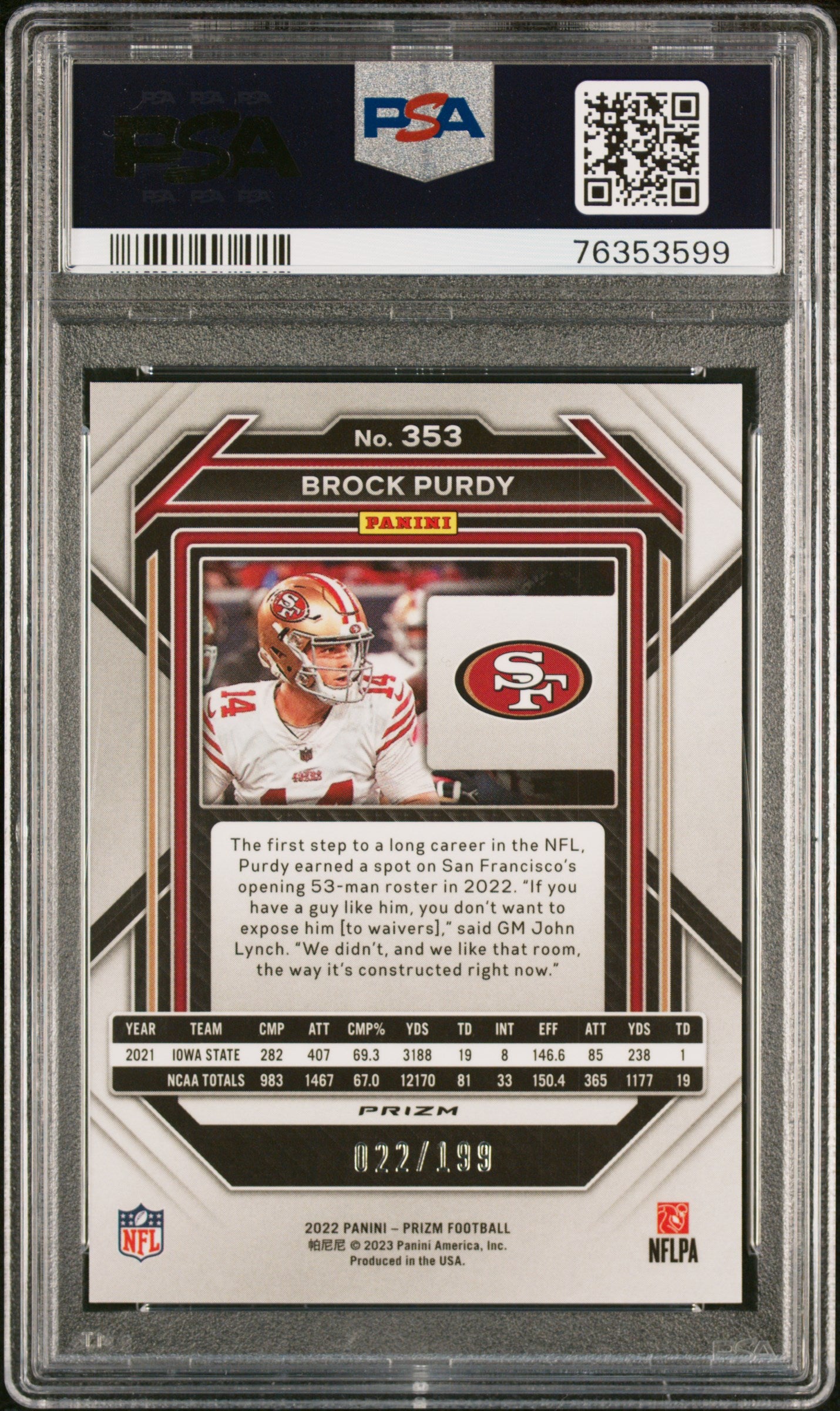 Brock Purdy 2022 Prizm #353 Blue Wave #22/199 PSA 10 Gem Mint