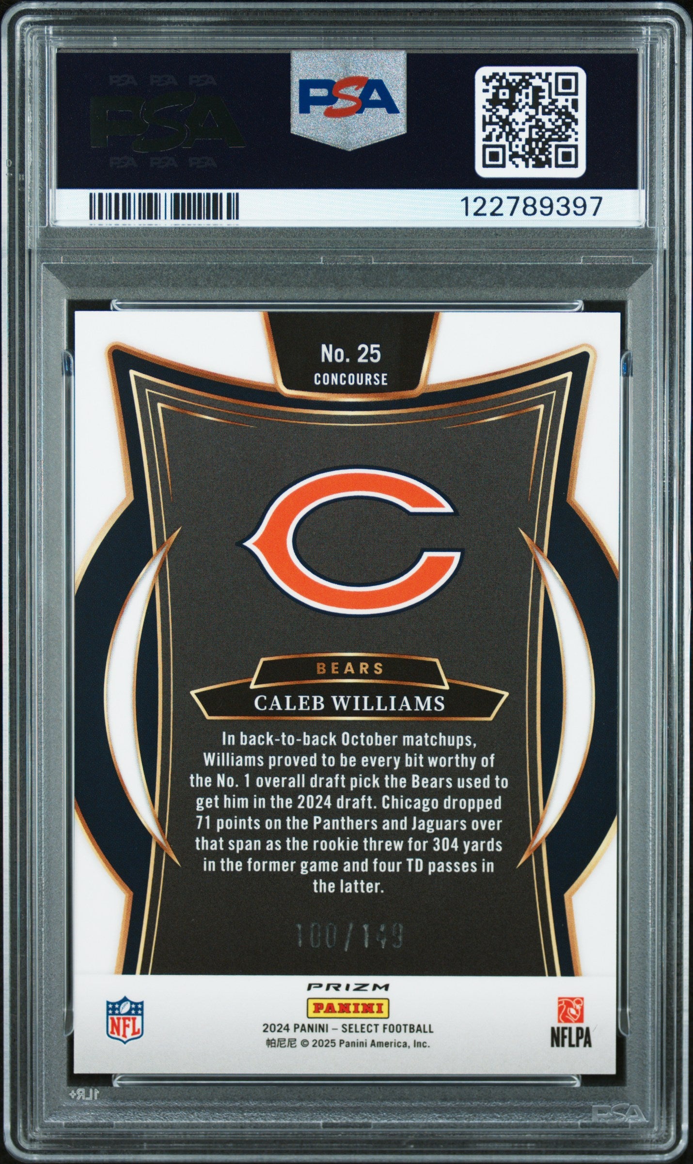 Caleb Williams 2024 Panini Select Rookie #25 Maroon Prizm #100/149 PSA 9 Mint