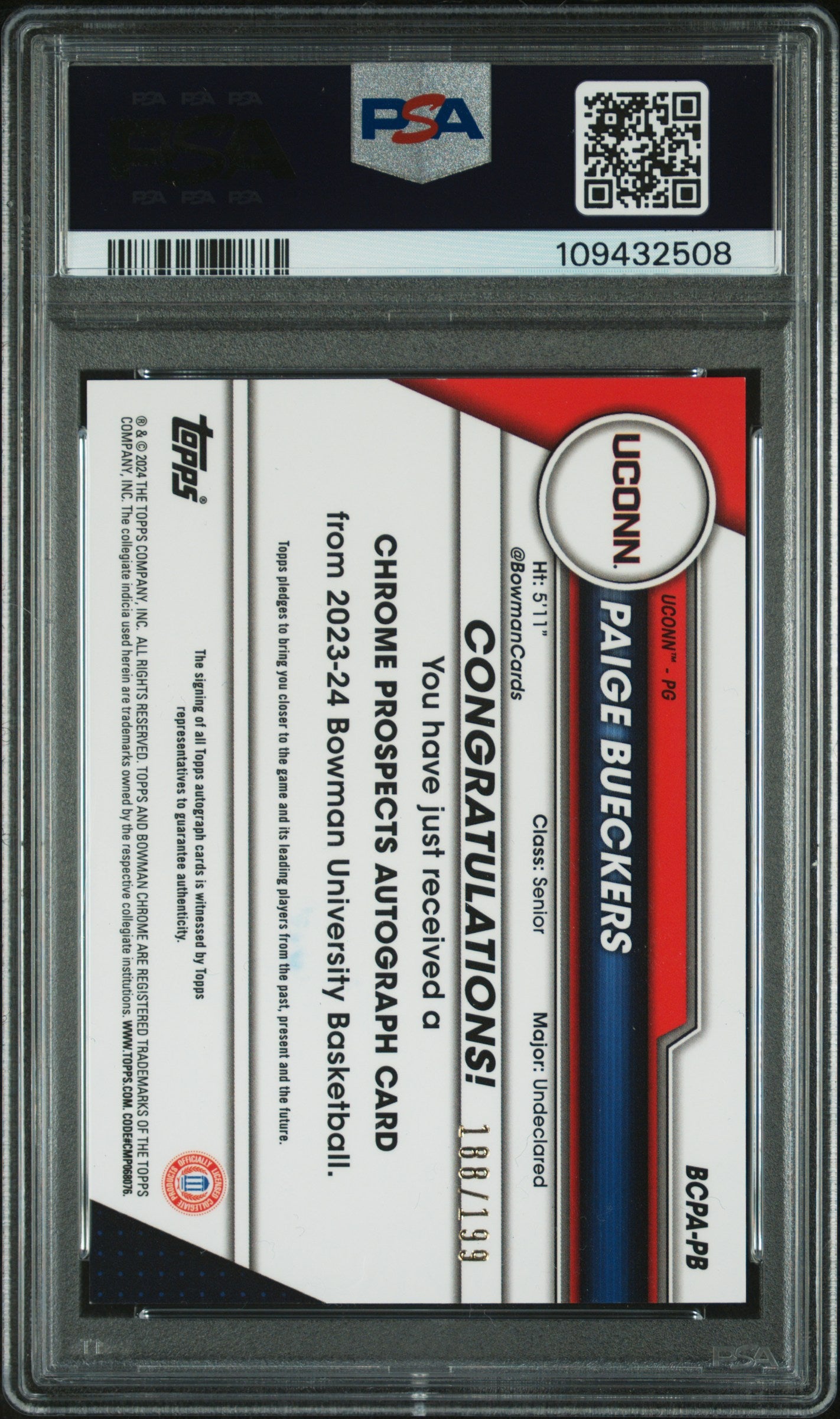 Paige Bueckers 2023 Bowman Chrome University Lava Refractor Auto #188/199 PSA 9 Auto 10
