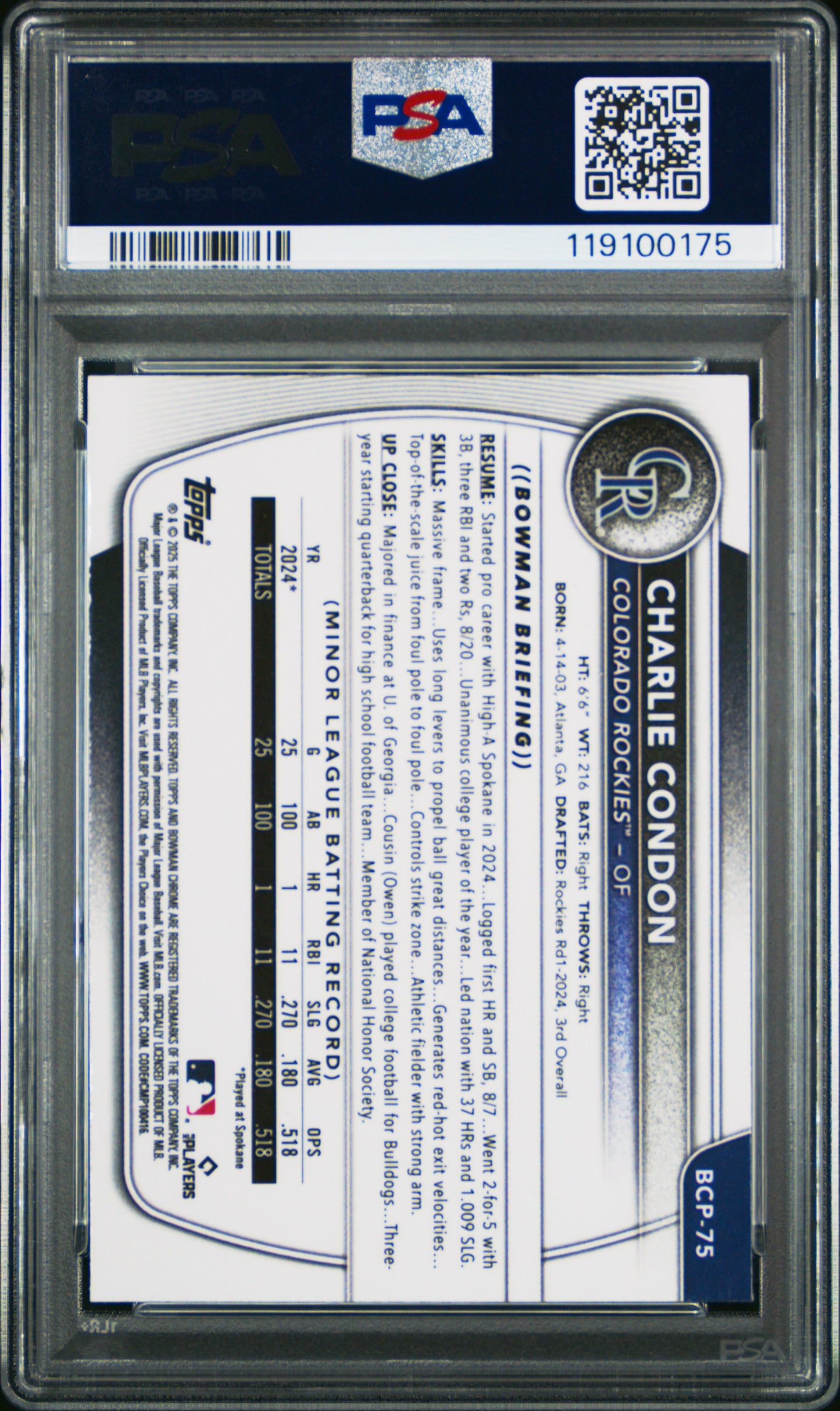 Charlie Condon 2025 Bowman Chrome Speckle Refractor #247/299 PSA 10 Gem Mint