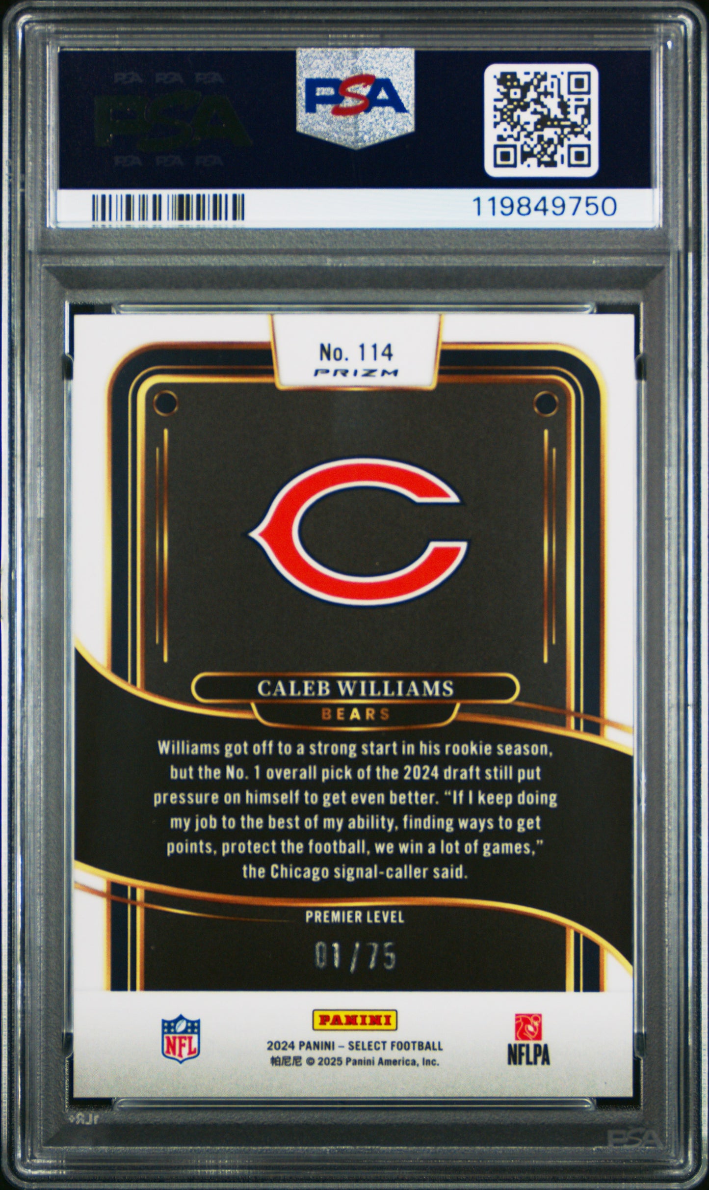 Caleb Williams 2024 Panini Select Rookie #114 Purple Prizm #1/75 PSA 10 Gem Mint