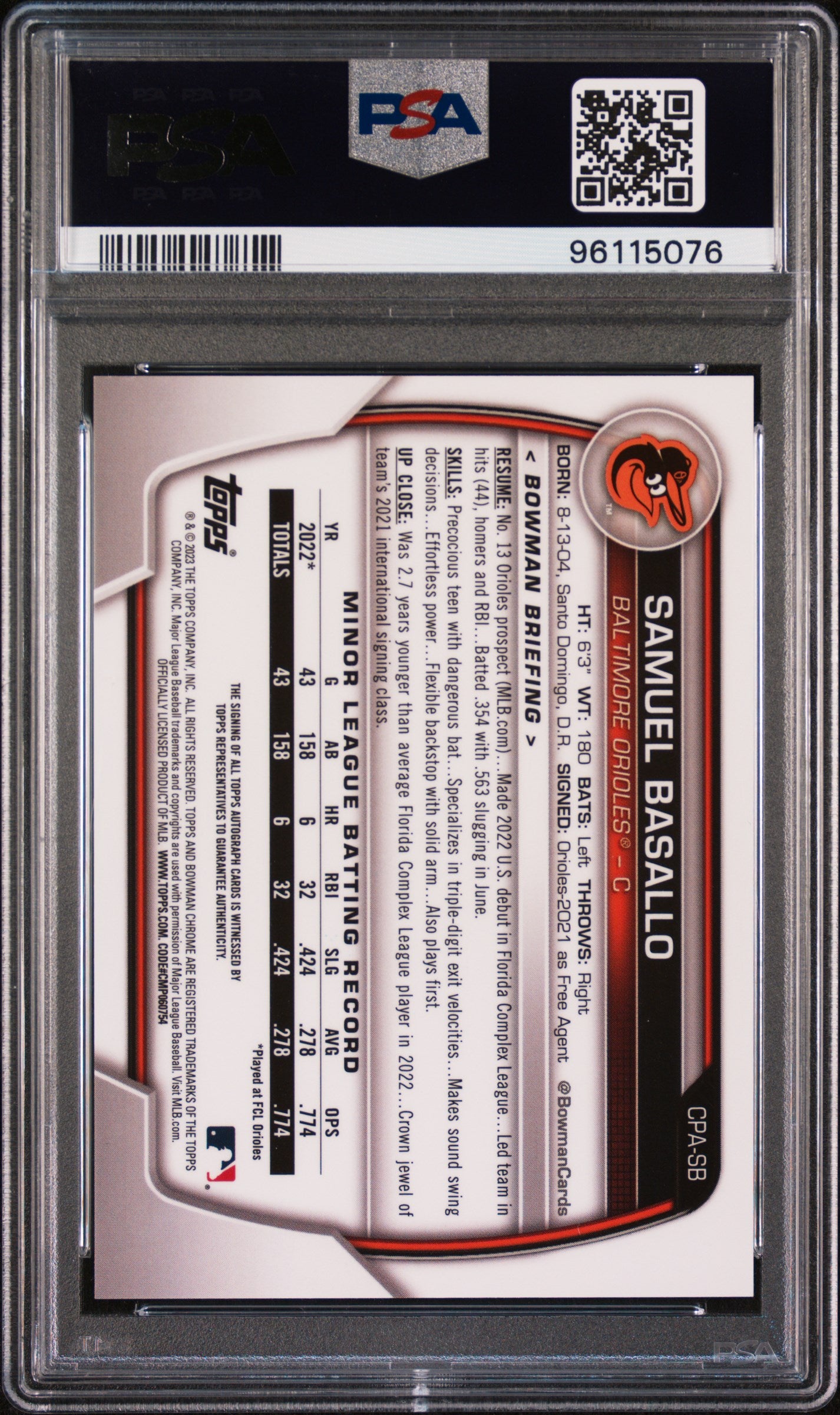 Samuel Basallo 2023 Bowman Chrome Auto PSA 10 Gem Mint 5076