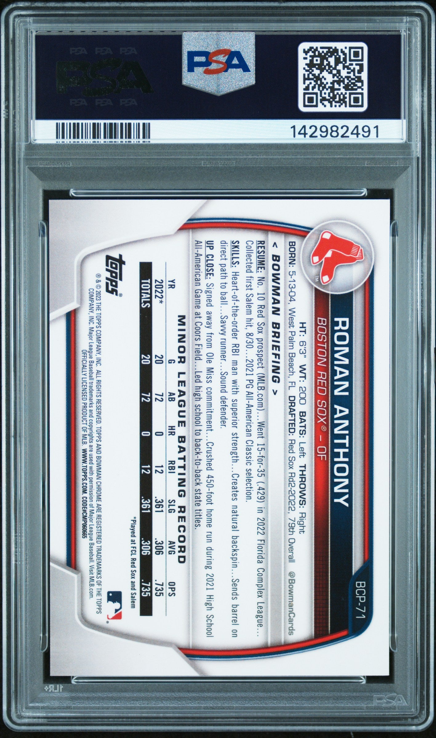 Roman Anthony 2023 Bowman Chrome Fuschia Refractor PSA 9 Mint