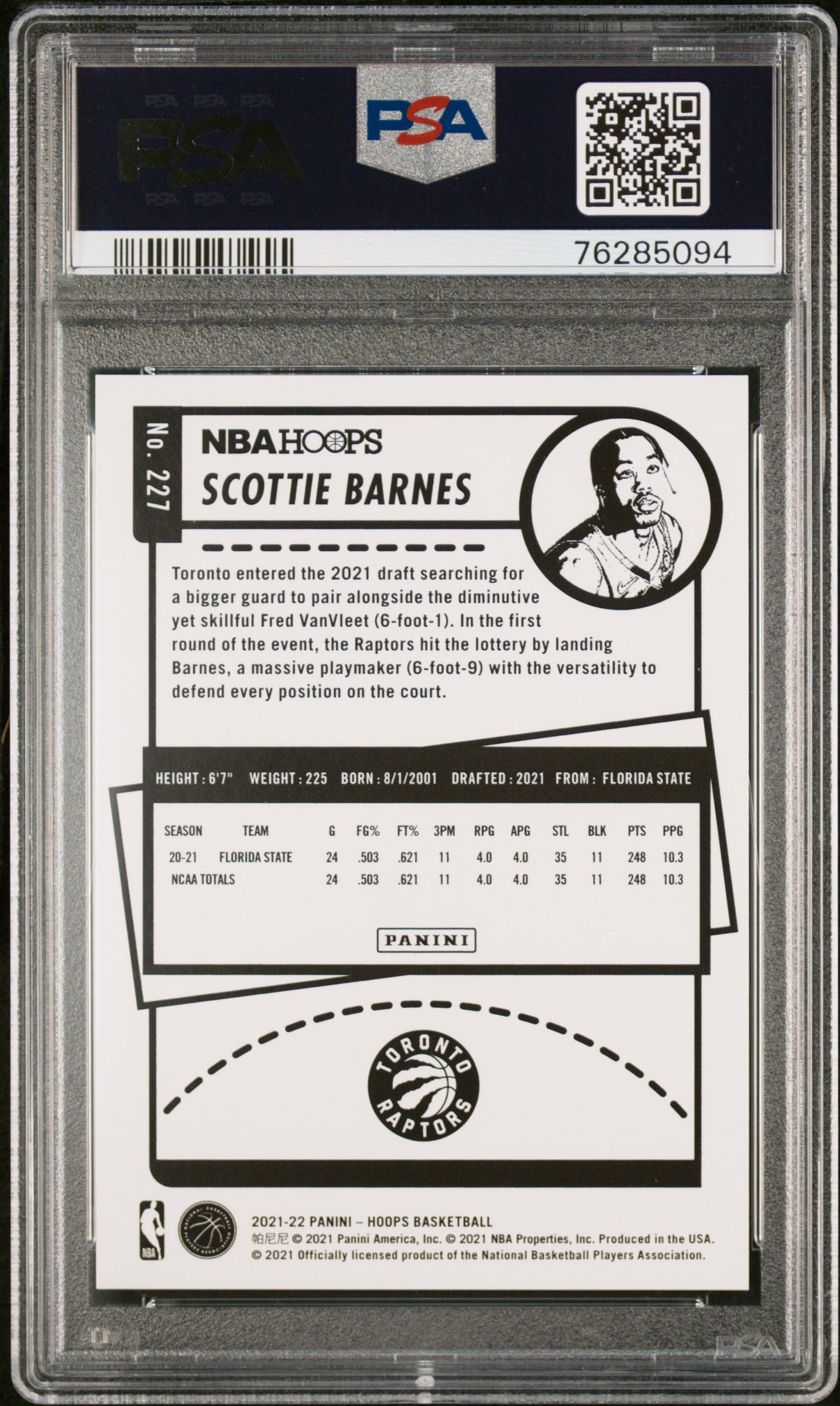 Scottie Barnes 2021 Panini Hoops #227 Artist Proof #6/25 PSA 10 Gem Mint