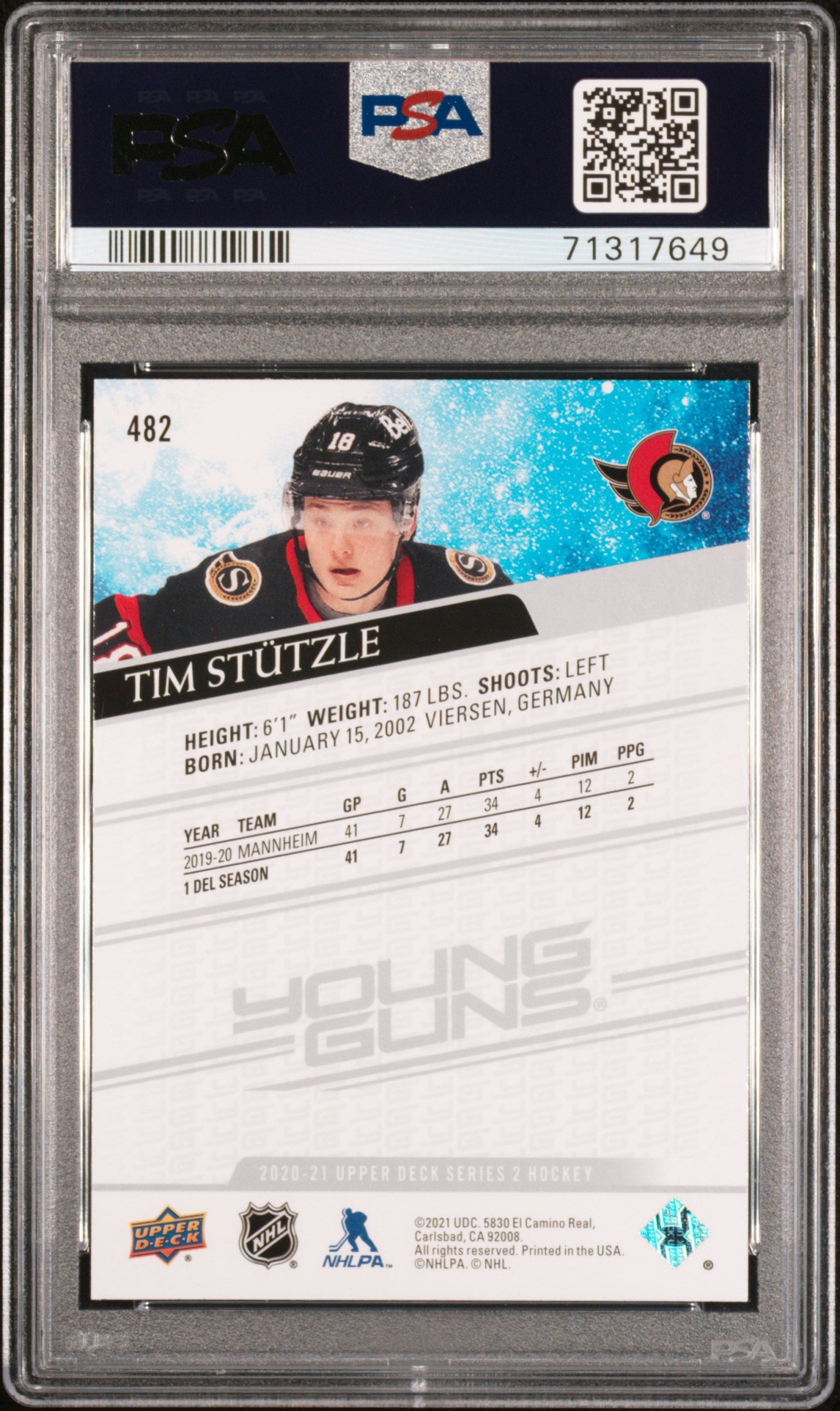 Tim Stutzle 2020 Upper Deck Rookie #482 PSA 10 Gem Mint 7649