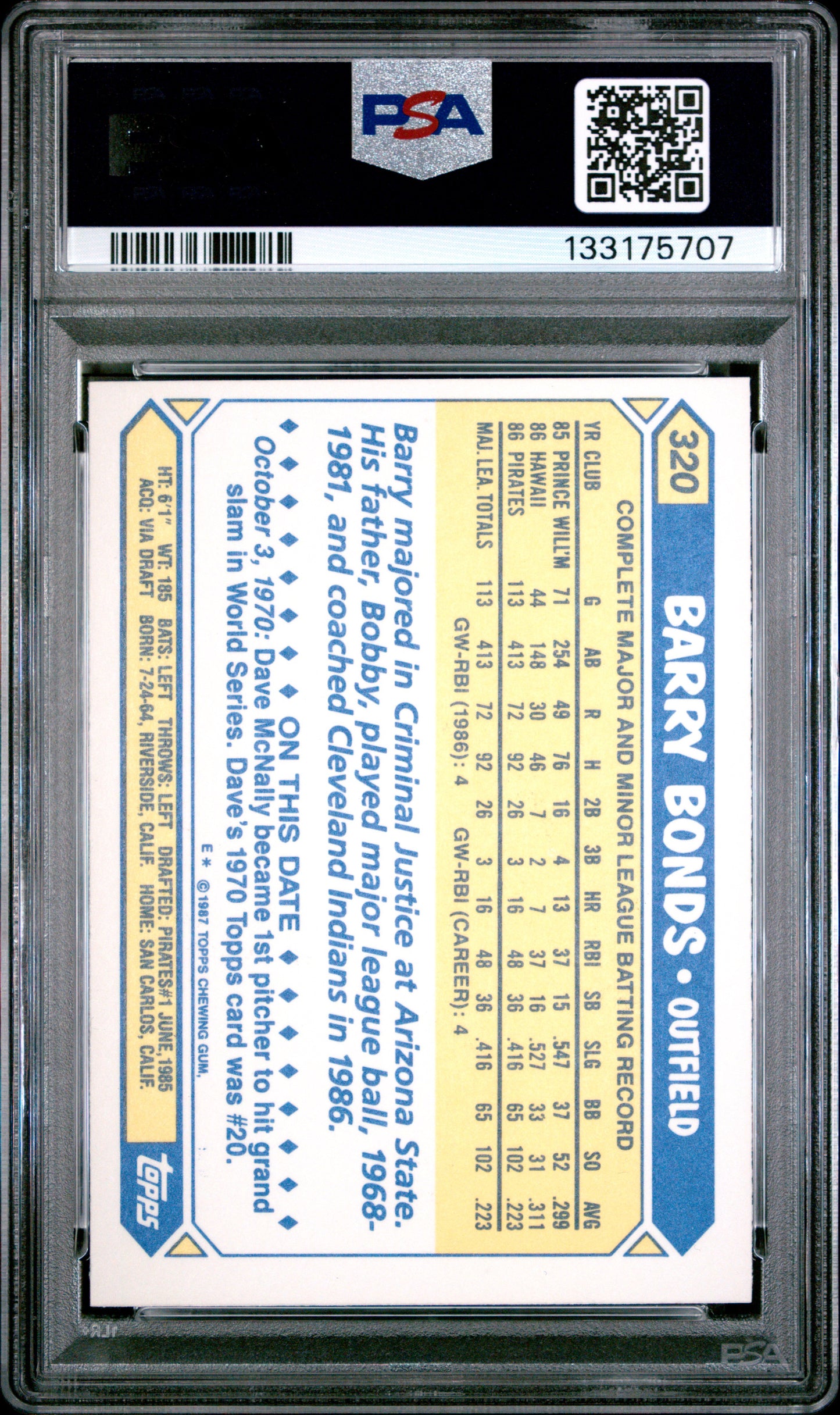 Barry Bonds 1987 Topps Tiffany RC #320 PSA 8 Nm-Mint