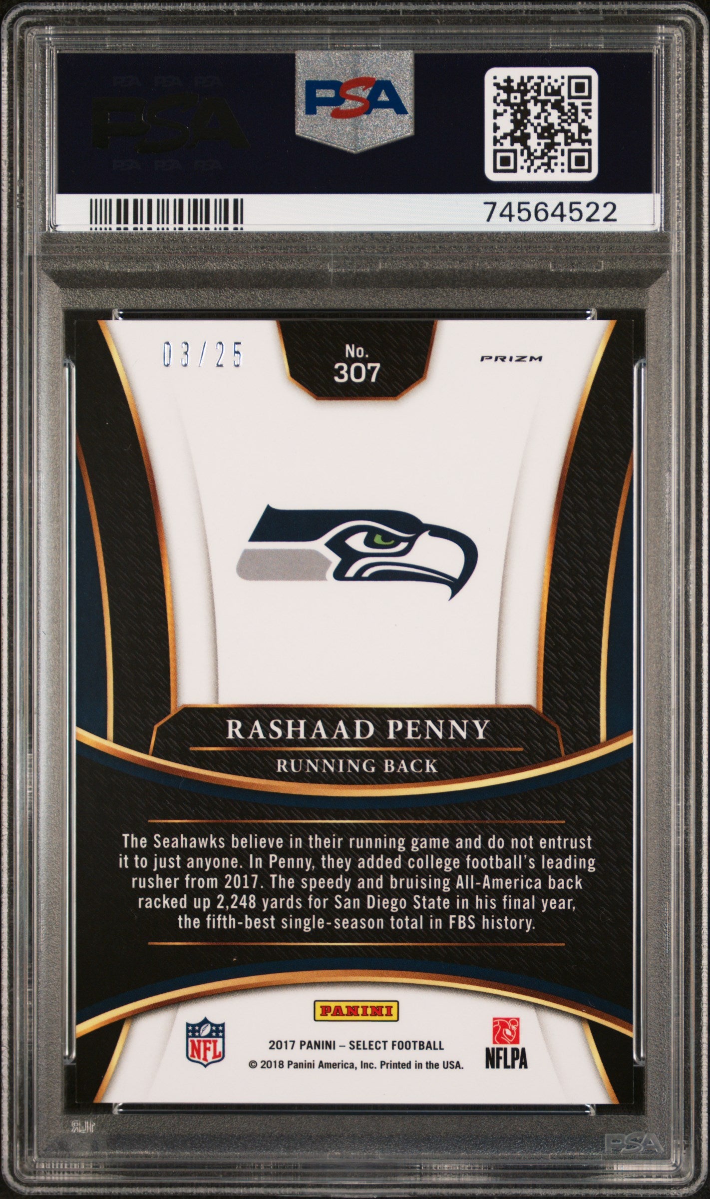 Rashaad Penny 2017 Panini Select XRC Tie-Dye Prizm #3/25 PSA 10 Gem Mint