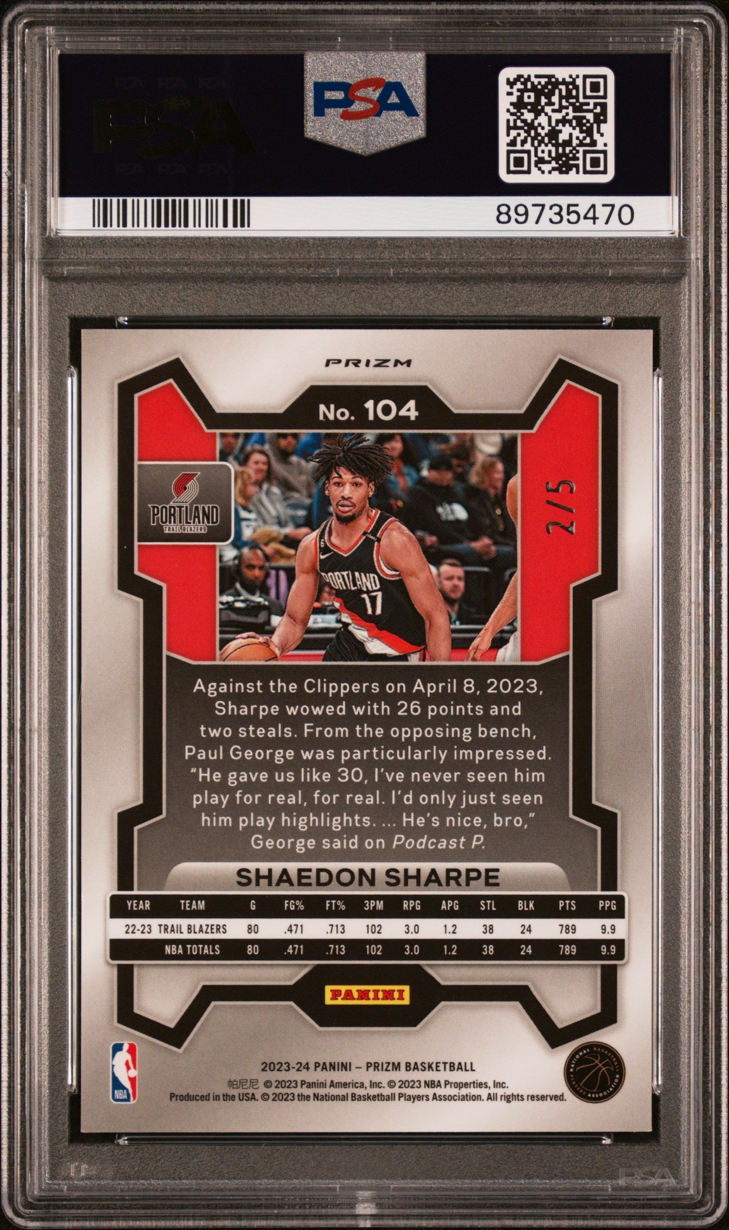 Shaedon Sharpe 2023 Panini PRizm Black Gold Prizm #2/5 PSA 10 Gem Mint
