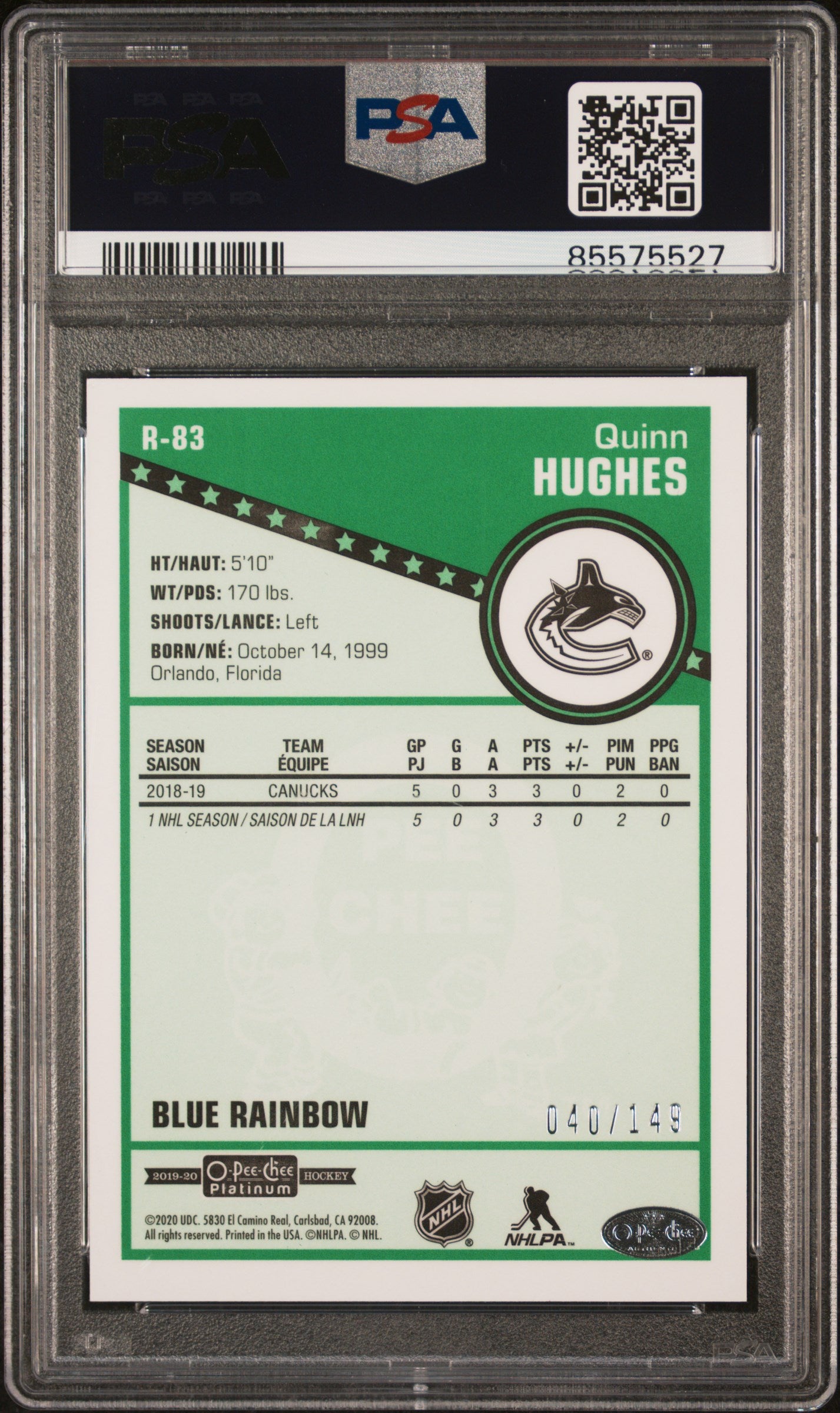 Quinn Hughes 2019 Upper Deck OPC Platinum Retro Blue #40/149 PSA 10 Gem Mint
