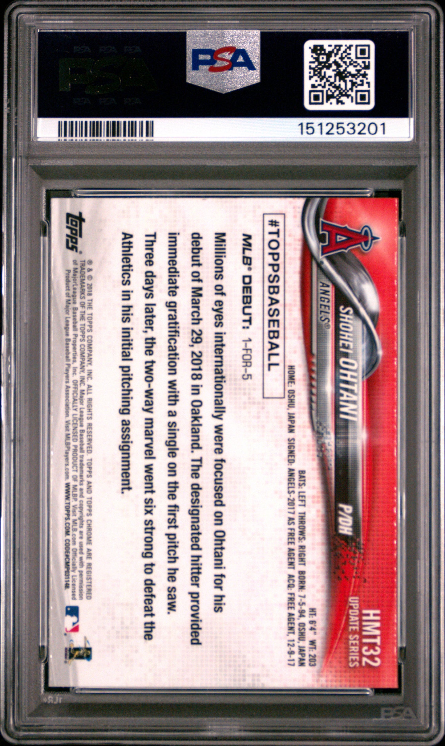 Shohei Ohtani 2018 Topps Chrome Update #HMT32 PSA 9 Mint 3201