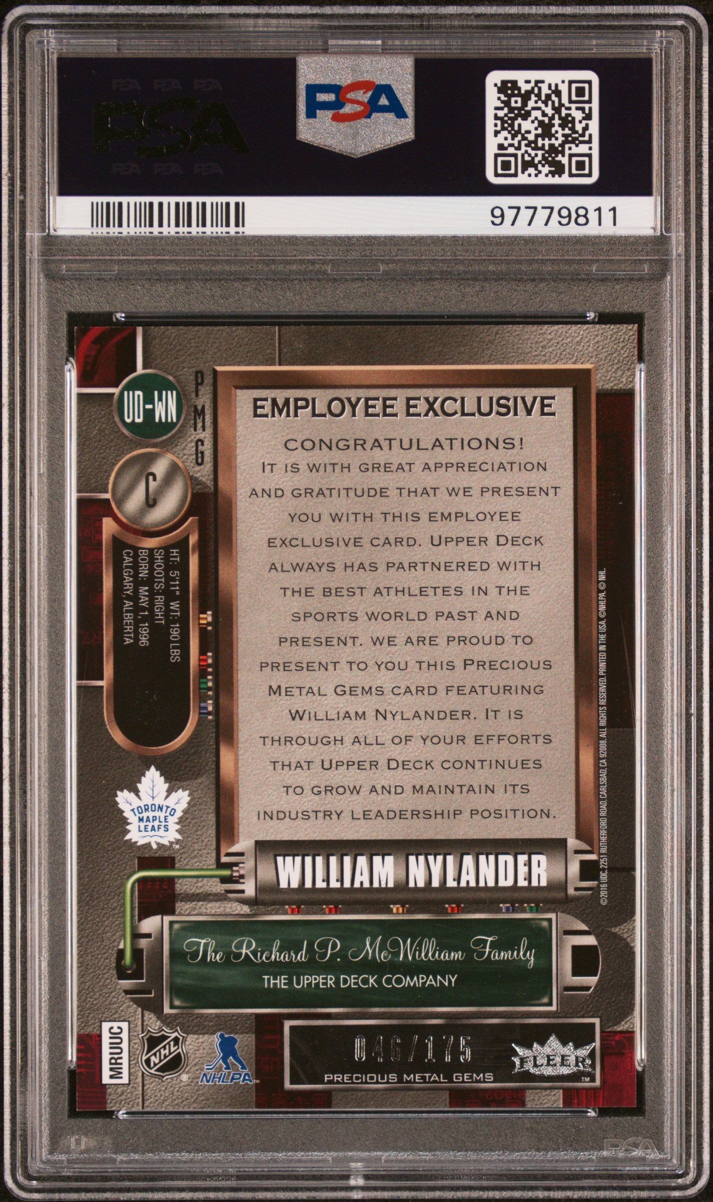 William Nylander 2016 Upper Deck Employee Precious Metal Gems Purple #46/175 PSA 8 Nm-Mint