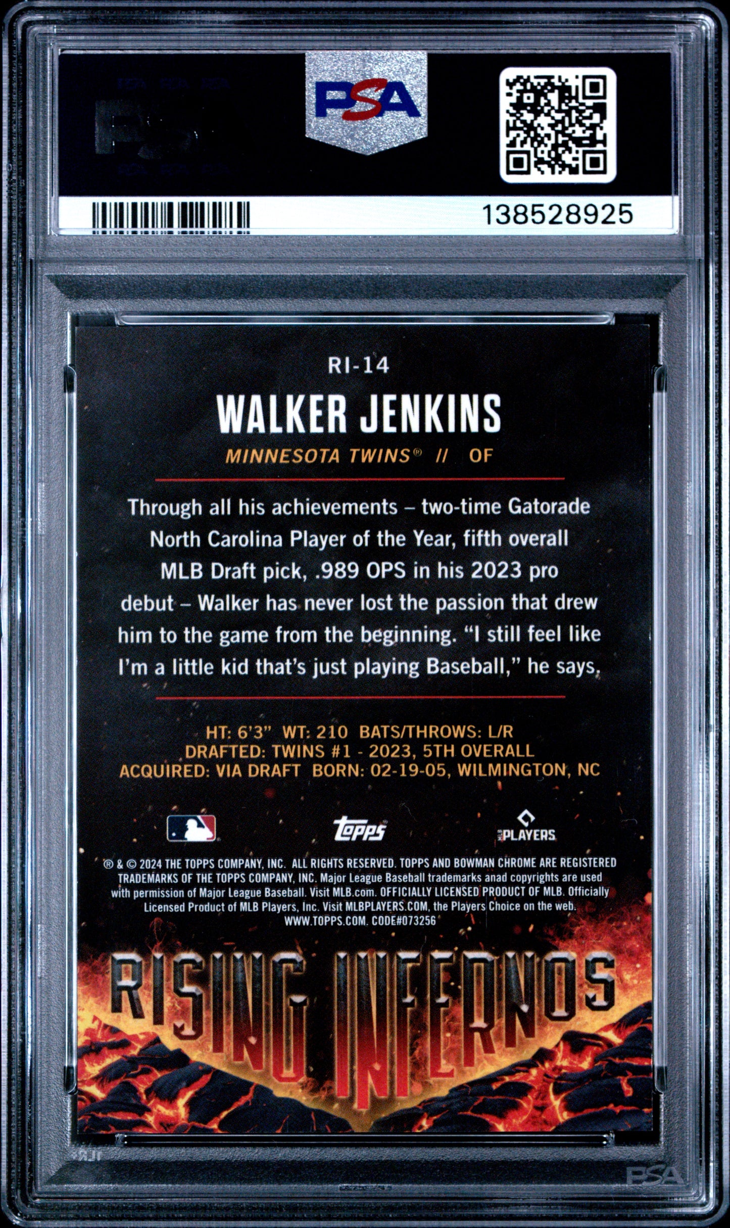 Walker Junkins 2024 Bowman Rising Infernos Orange #1/25 PSA 9 Mint